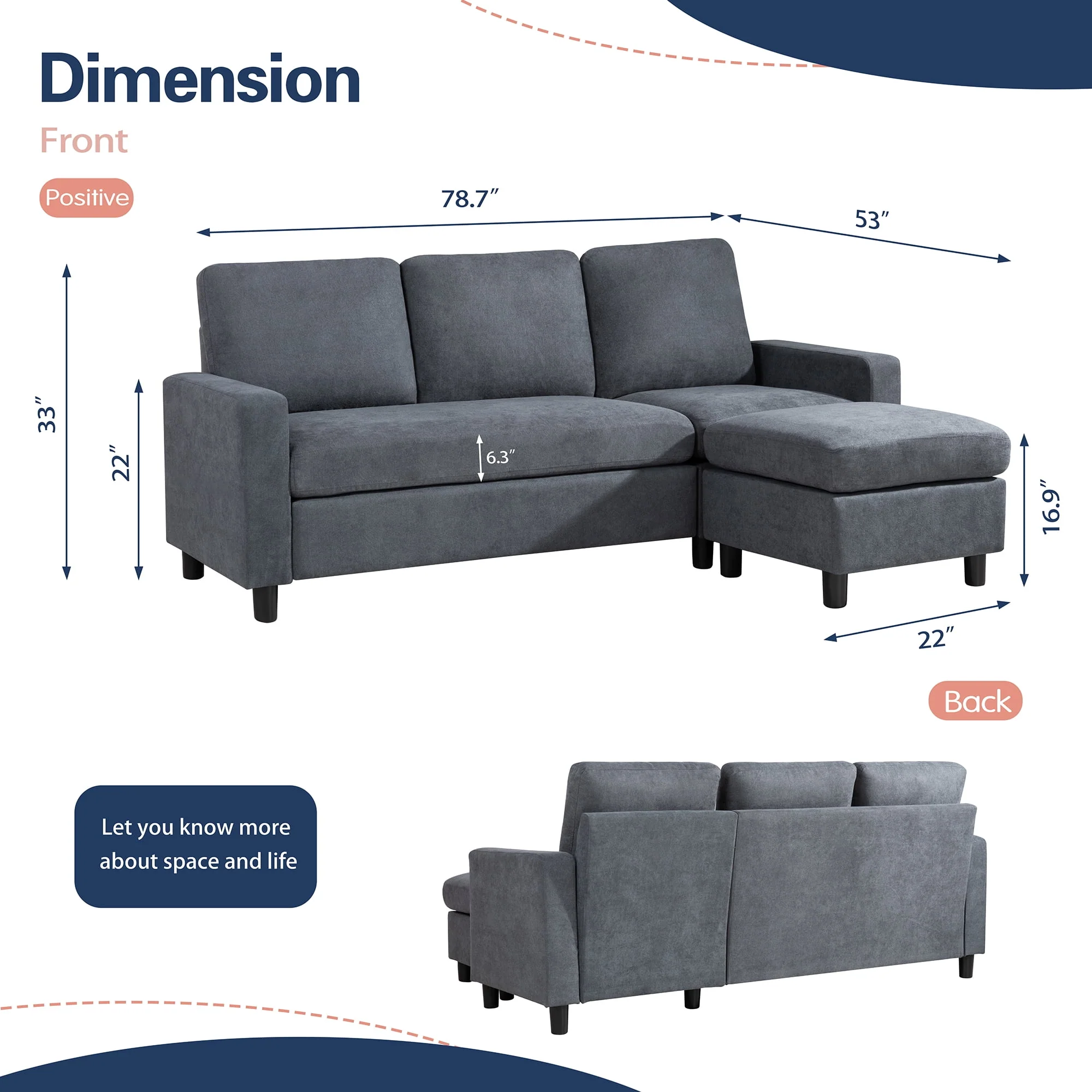 Walsunny Convertible Sectional L-Shaped Sofa with Modern Linen Fabric(Grayish Black) - Womvr