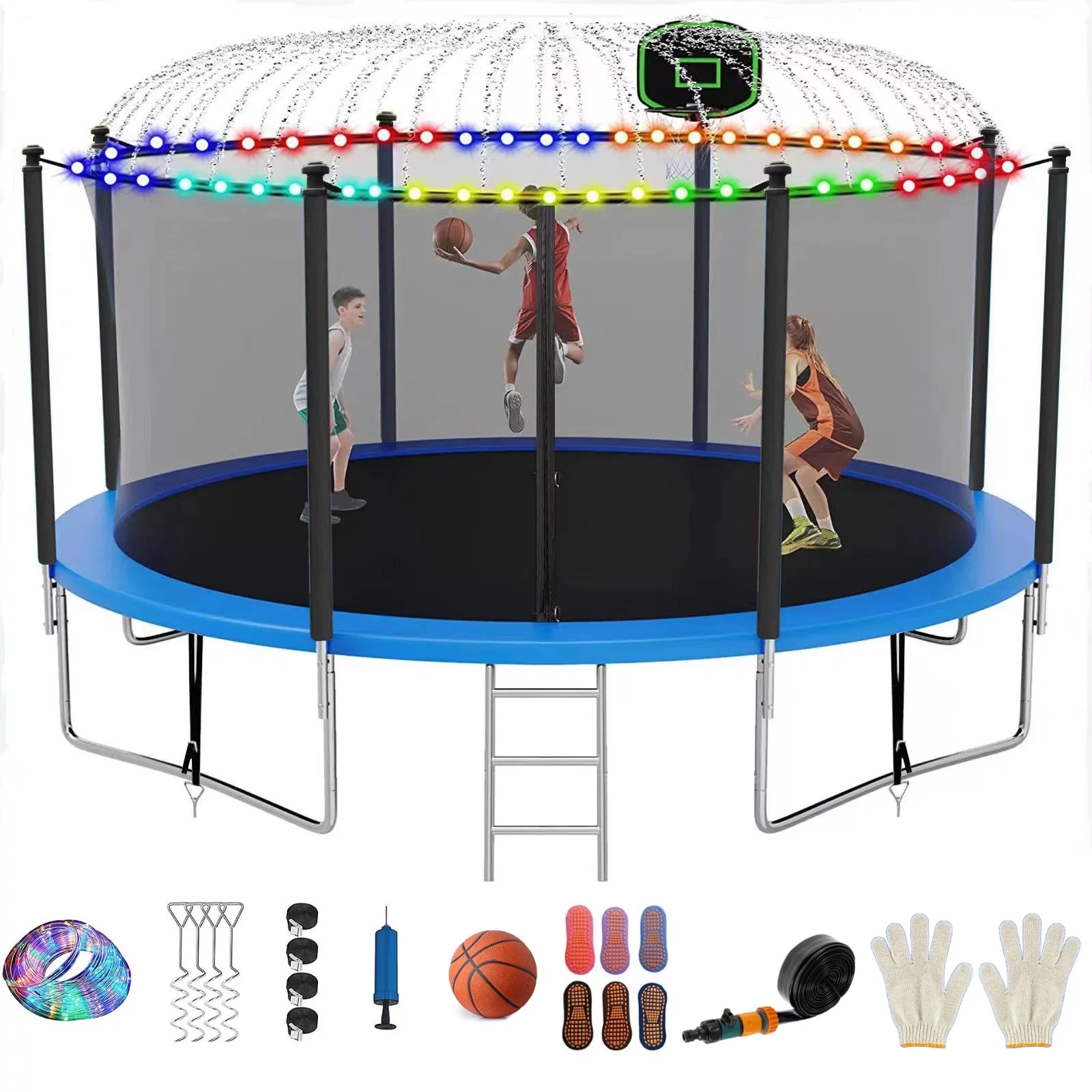 16FT Trampoline for 8-9 Kids Adults with Basketball Hoop, Ladder, Light, Sprinkler, Socks, Outdoor Heavy Duty Recreational Trampoline - Womvr