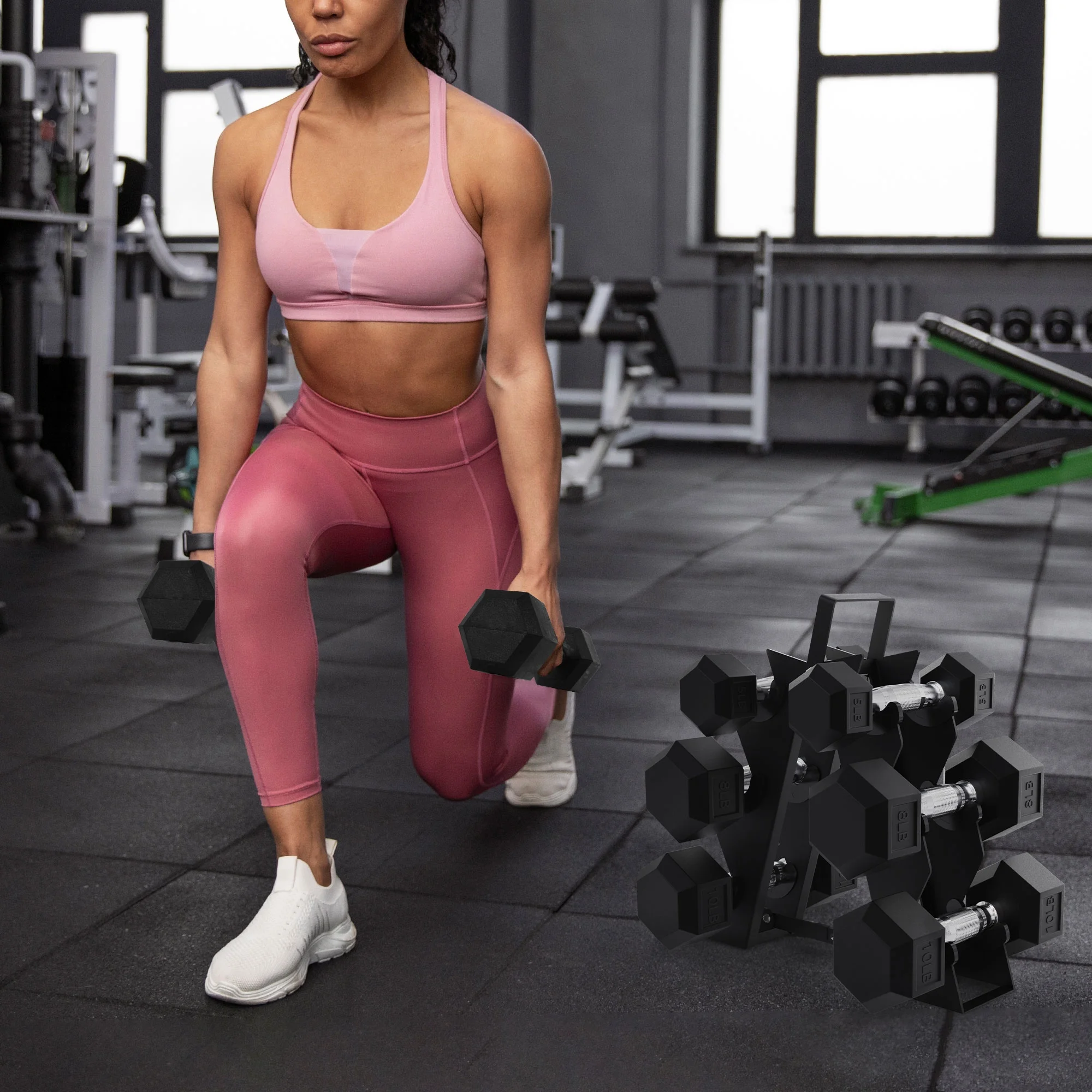 BalanceFrom Rubber Hex 5, 8, and 10 Pound Dumbbell Pairs with Metal Rack - Womvr