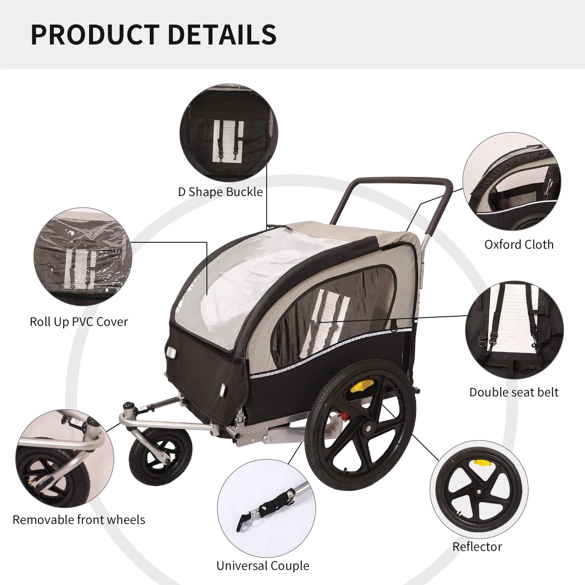 Immere Bike Trailer 2-in-1 Double 2 Seat Jogger Stroller - Foldable Collapsible w/Pivot Front Wheel - Wagon for Kids, Dog Bike Trailer, Black Gray - Womvr