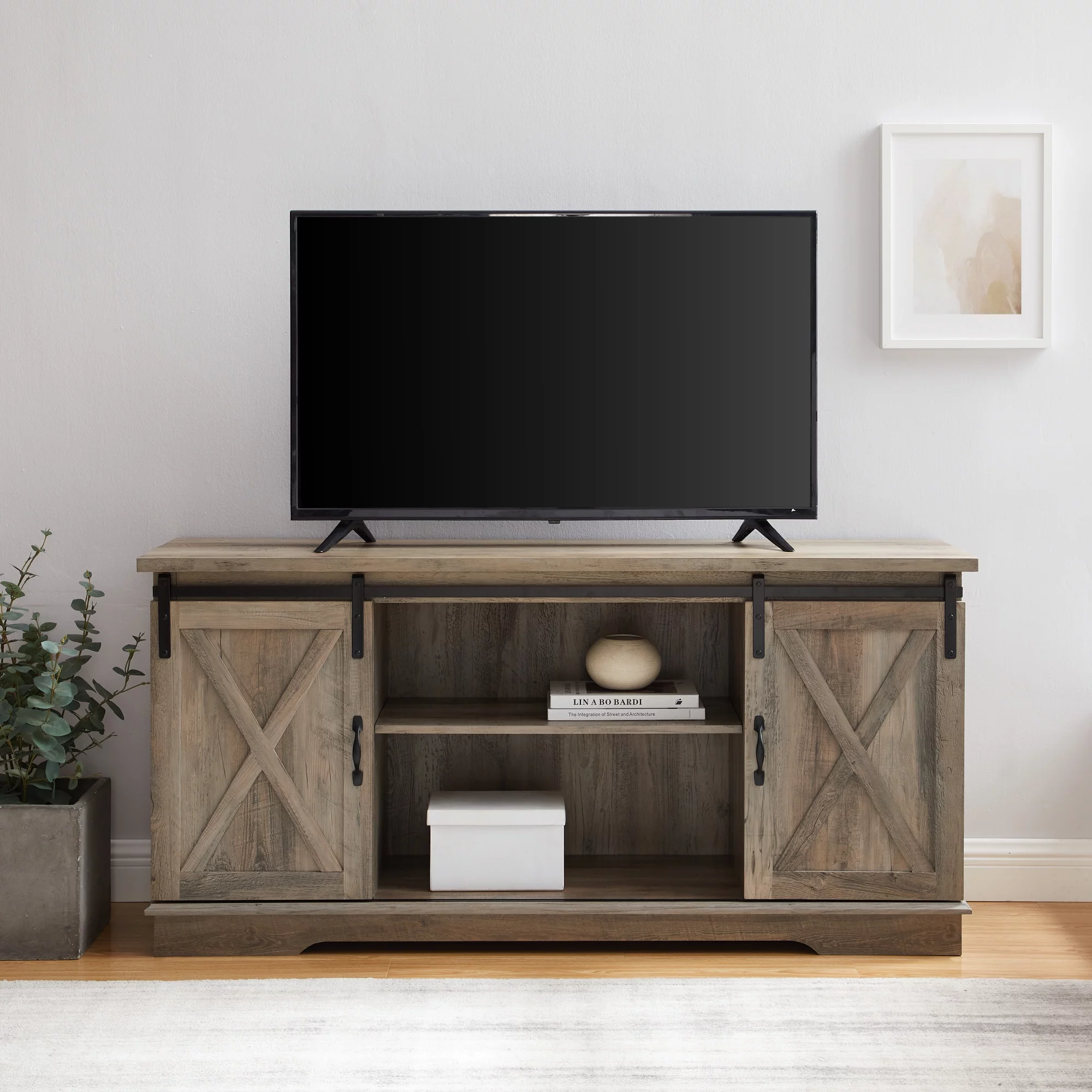 Woven Paths Farmhouse Sliding Barn Door TV Stand for TVs up to 65