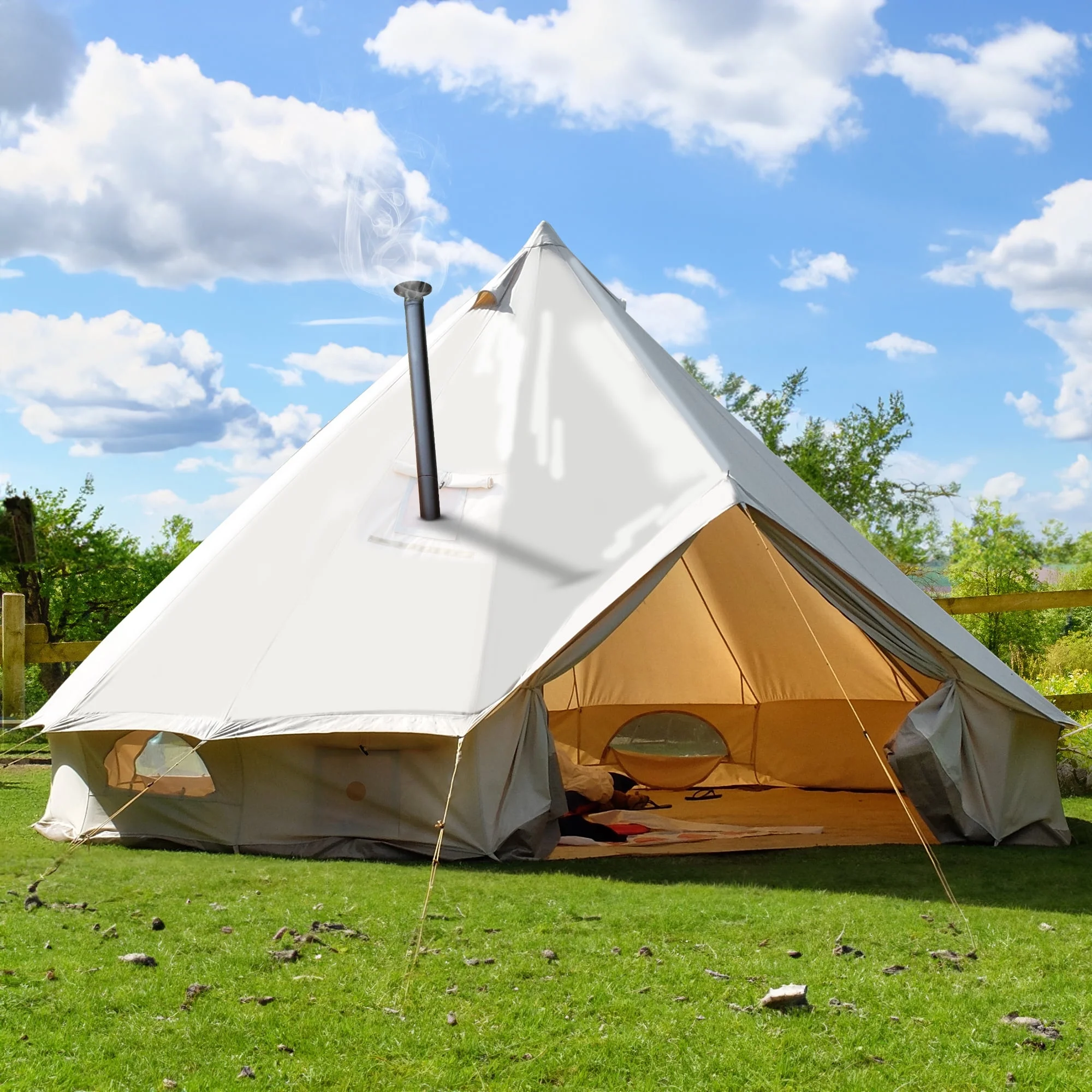 Dextrus Camping Tent 4 Seasons Glamping Bell Tent Waterproof with Stove Jacks & 4 Breathable Windows Cotton for Outdoor Family Party, Camping, Picnic, Barbecue - Womvr