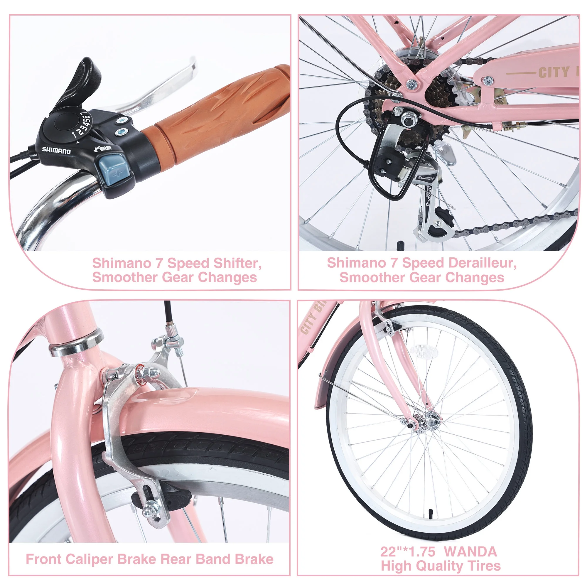 Girls Cruiser Bike for Kids 8+ Years Old, City Bike with 22 inch Shimano, 7 speed, Leather Saddle, Front&Rear Caliper Brake, Commuter Bicycle Pink - Womvr