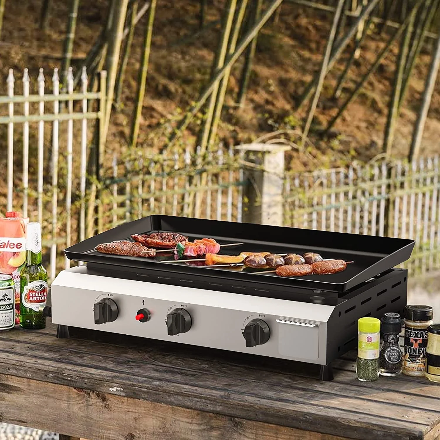 SKOK 3 Burner Gas Griddle-Outdoor Propane Griddle-BTU Propane Fuelled, Portable Flat Top Gas Grill Camping Griddle Station with Side Shelves for Kitchen - Womvr