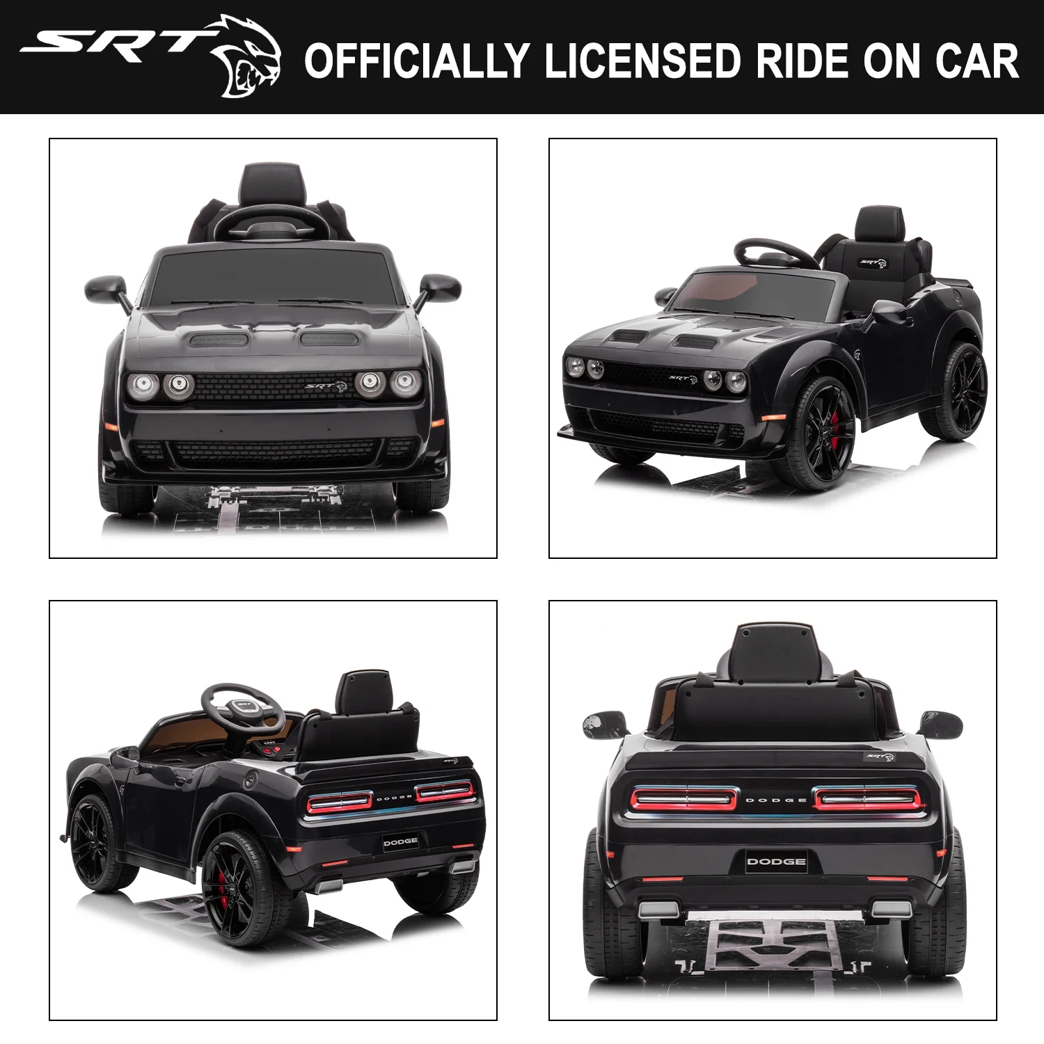 Dodge Challenger 12 V Powered Ride On Car with Remote Control, SRT Hellcat Toys for Kids, Black - Womvr