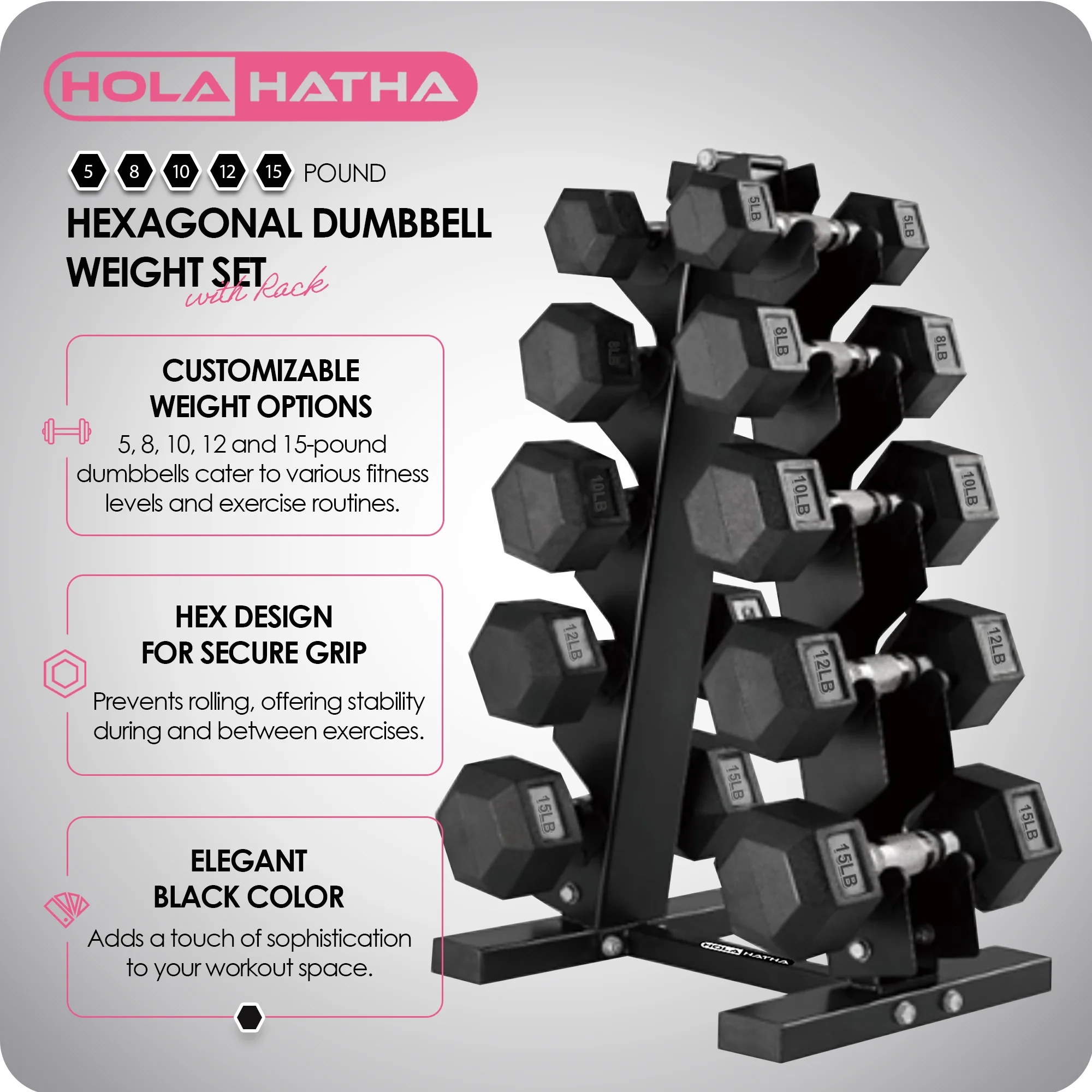 HolaHatha 5, 8, 10, 12 and 15 Pound Hexagonal Dumbbell Weight Set with Rack - Womvr