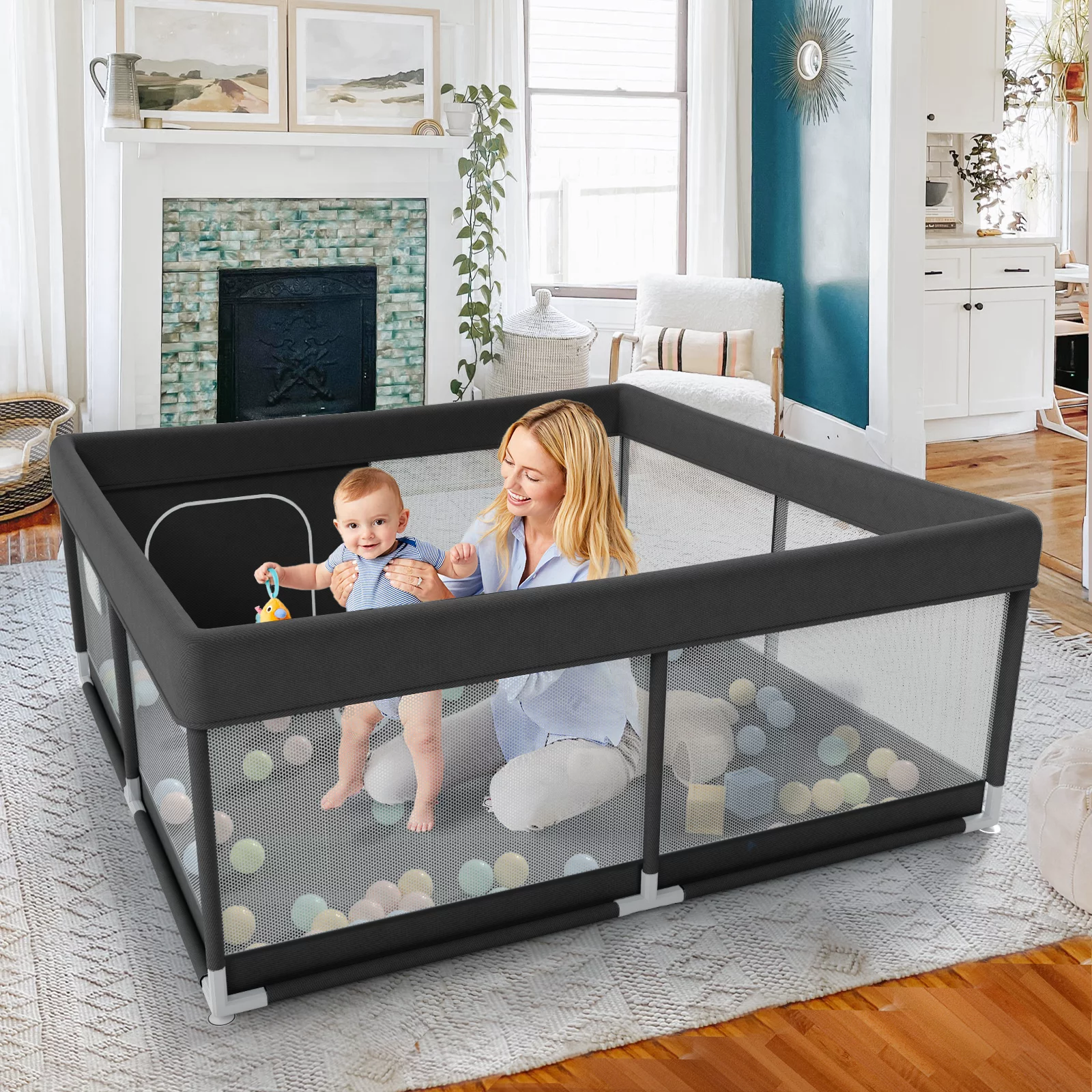 Pkinoicy 47x47inch Play Pen with Mat for Babies and Toddlers, Playpen with Mat, Baby Playpen with Mat, mall Baby Playpen with Mat - Womvr