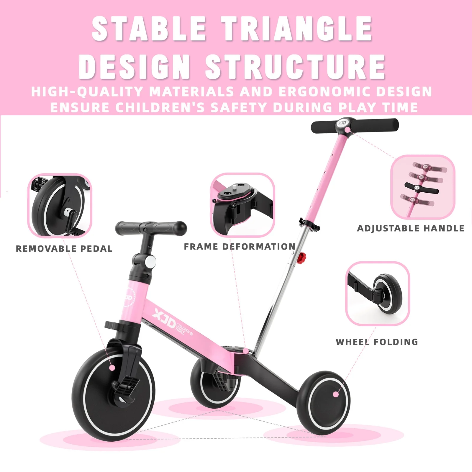XJD 7 in 1 Toddler Tricycle with Push Handle,Toddler Bike for 1-3 Years Old Boy Girl, Toddler Push Tricycle, Baby Bike Balance Bike with Adjustable Seat Height and Removable Pedal - Womvr