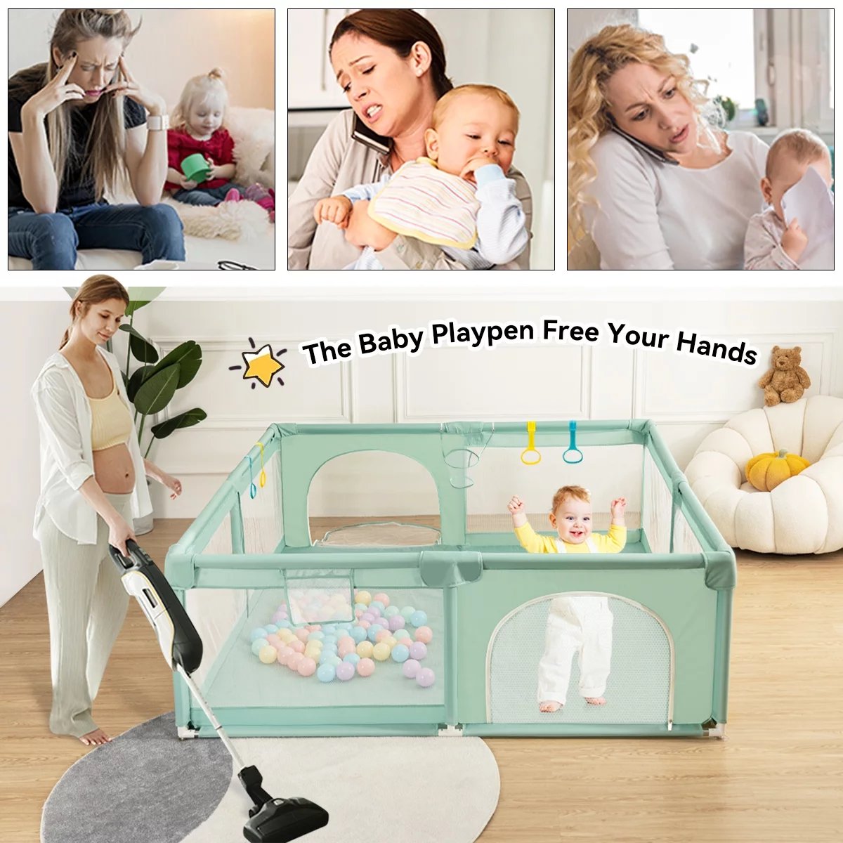 Baby Playpen, 63x63'' Large Baby Playard, Infant Activity Center with Anti-Slip Base, Gray - Womvr