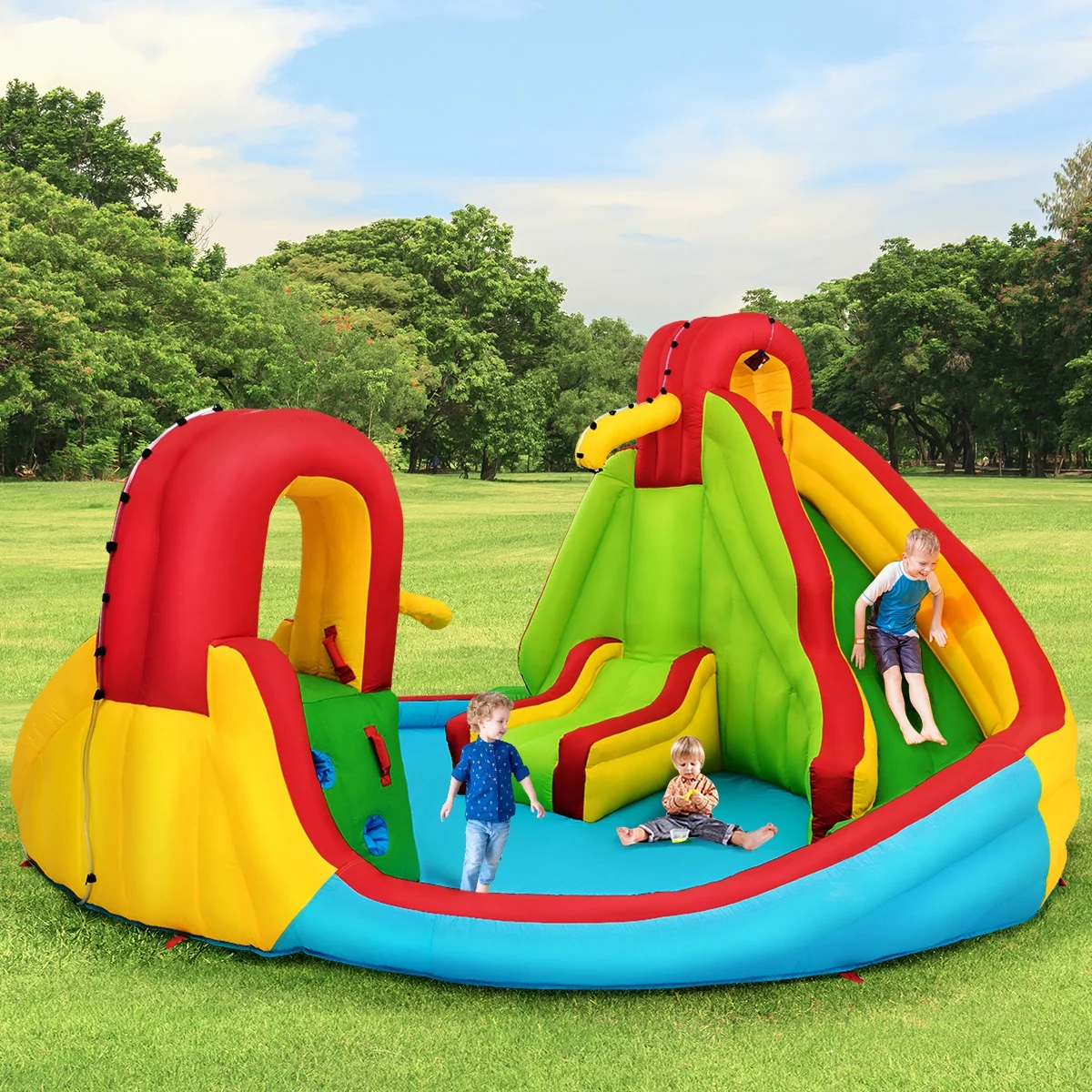 Inflatable Kids Water Slide Park with Climbing Wall Water Cannon and Splash Pool - Womvr
