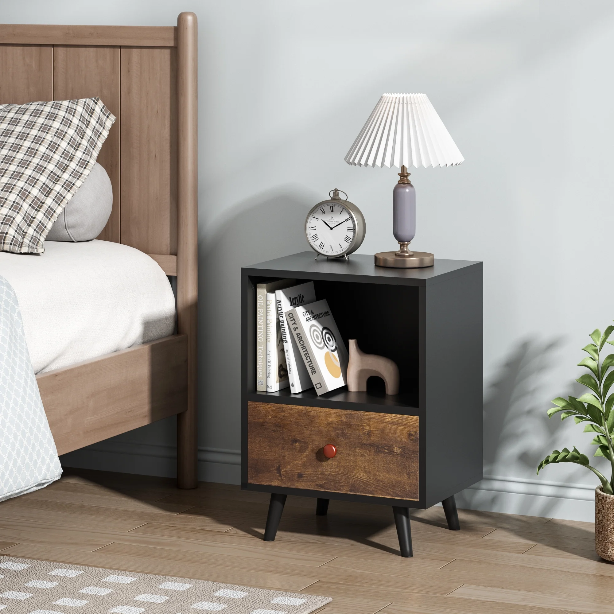 JAXPETY Nightstands Set of 2, Night Stand with 1 Drawer and Open Shelf Storage, End Table, Side Table, for Bedroom, Living Room, Natural Wood & White - Womvr