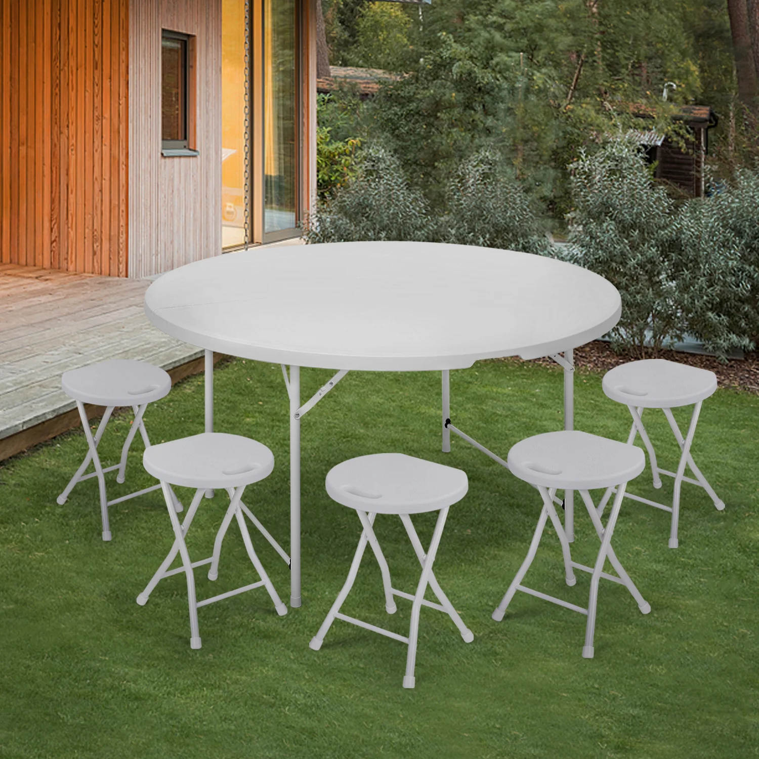 MoNiBloom 5 foot Round Bi-Fold Plastic Table, Metal Frame Indoor Outdoor 60 Inch Foldable Desk for Kitchen Party Wedding, Grey - Womvr
