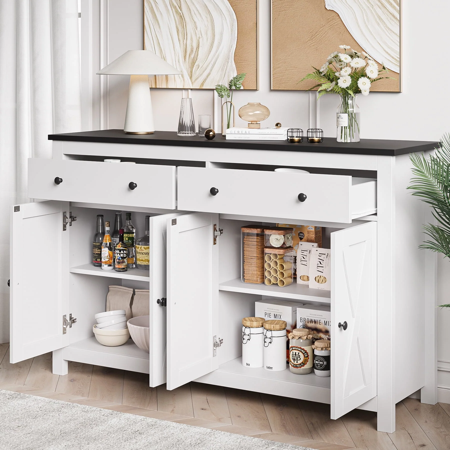Homfa 4-Doors 2-Drawers Farmhouse Storage Cabinet, Wood Sideboard with Adjustable Shelves for Kitchen Dining Room, White - Womvr