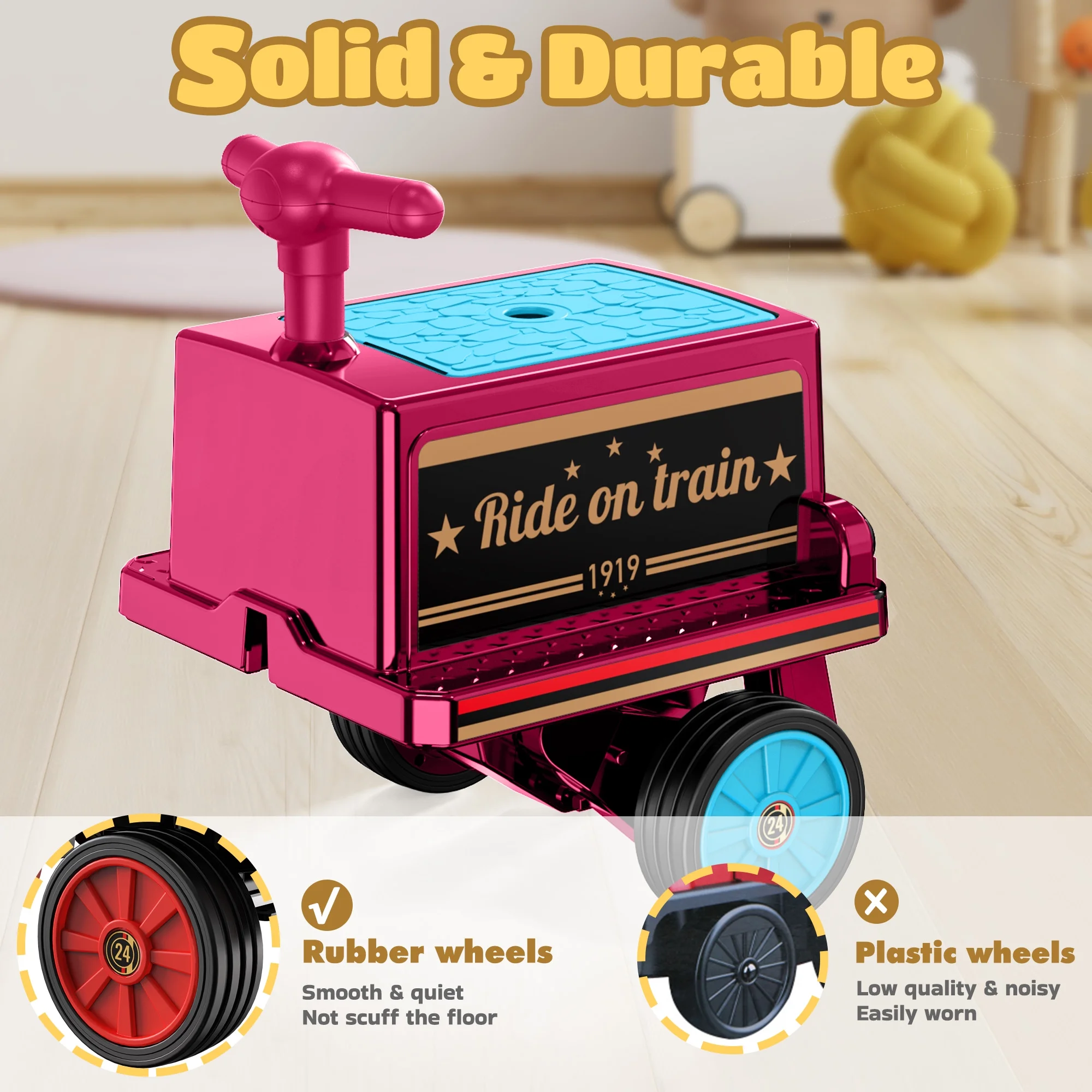 TOKTOO 12Volt 2 Seater Kids Ride on Train W/ Rubber Wheels, Storage Box, LED Headlight, Music Player-Black Red - Womvr