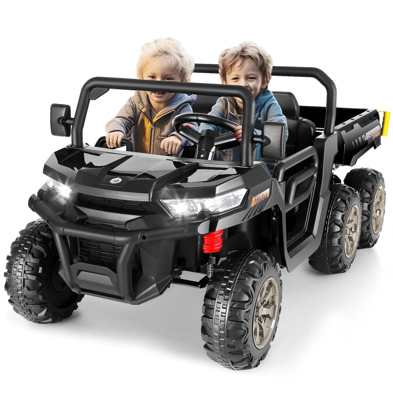 Funcid 24 V 4WD Kids Kids Ride on UTV with Remote Control, 2 Seater 6-Wheel Ride on Dump Truck Car, Ride on Toys w/ Tipping Bucket Trailer & Shovel,Bluetooth Music, Black - Womvr