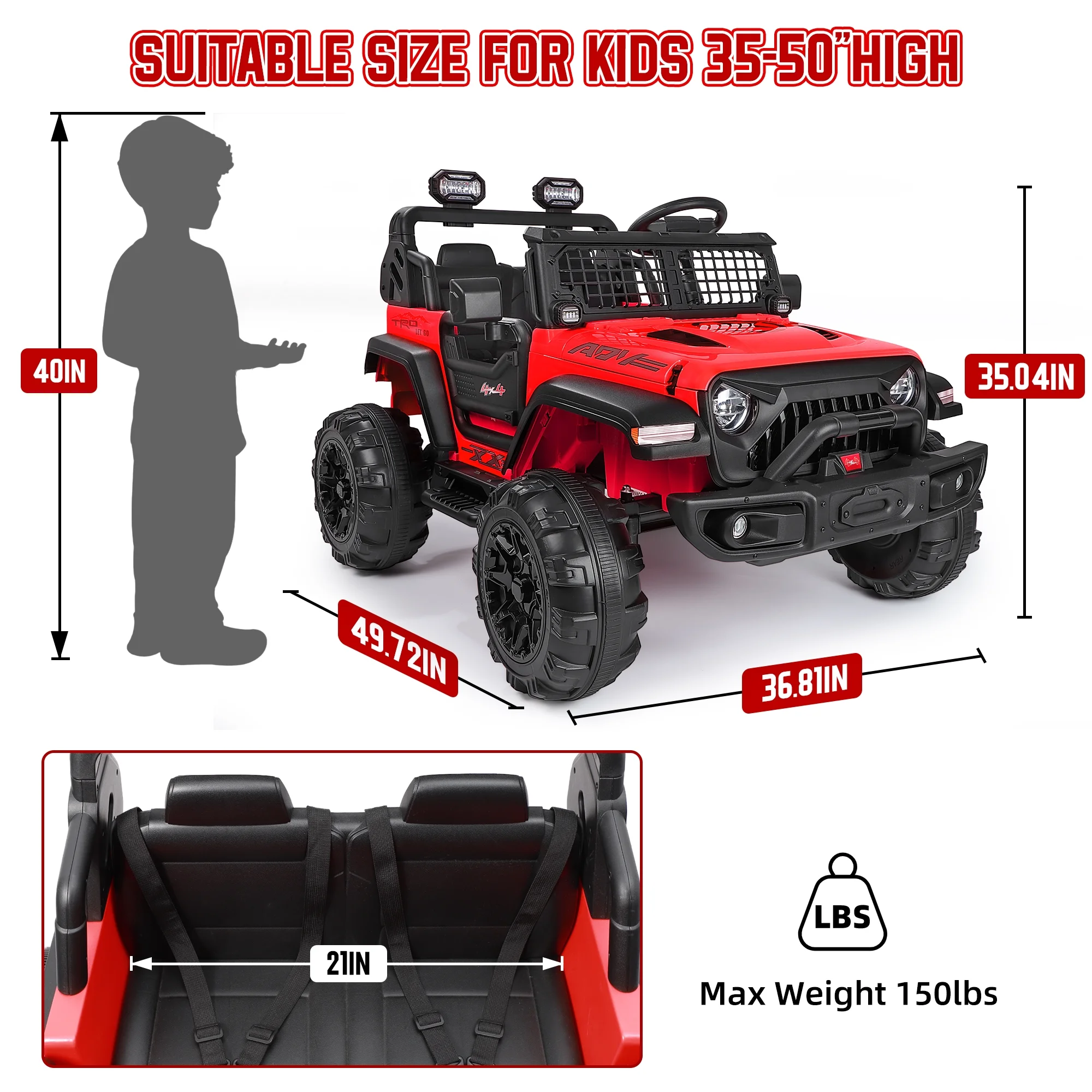 Wisairt 24V Kids Ride on Truck, 2 Seater Powered Ride on Car w/ Remote Control and Storage Space, 3 Speeds, Bluetooth, LED Lights (Black) - Womvr