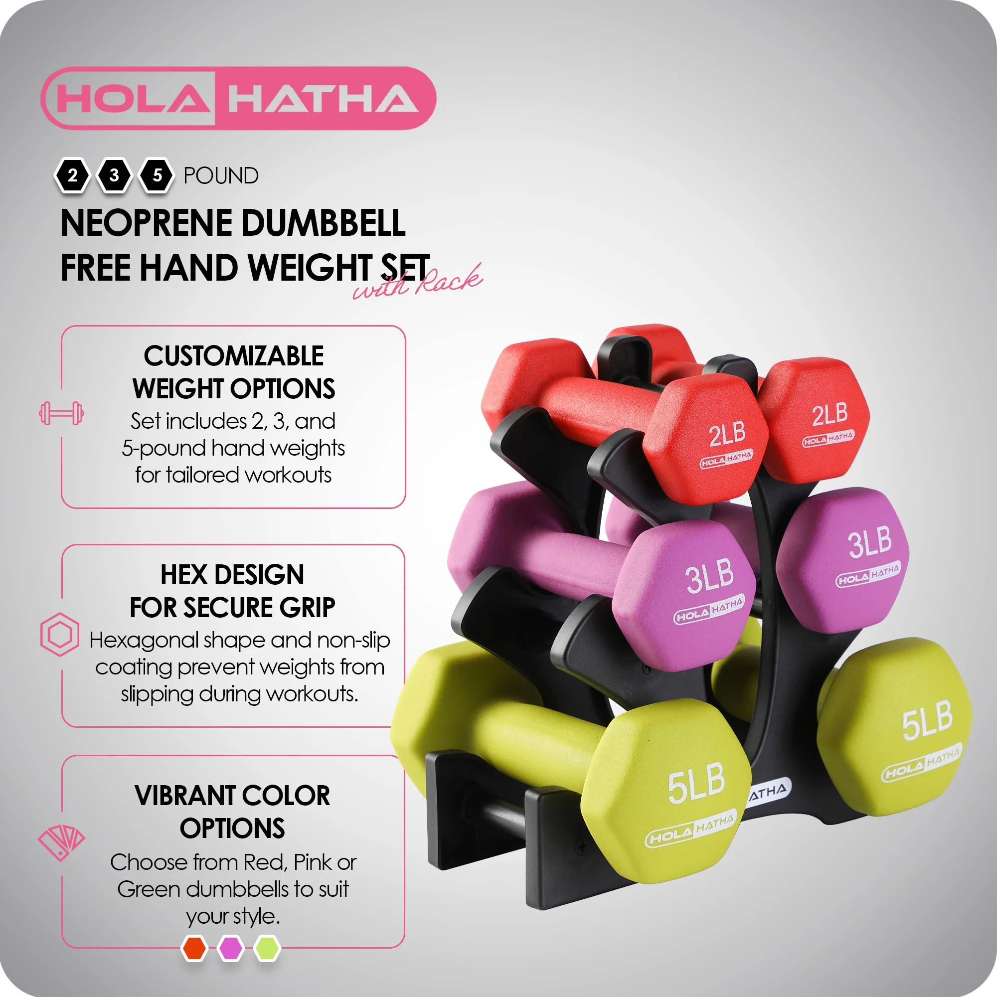 HolaHatha 2, 3, and 5 Pound Neoprene Dumbbell Free Weight Set with Rack - Womvr