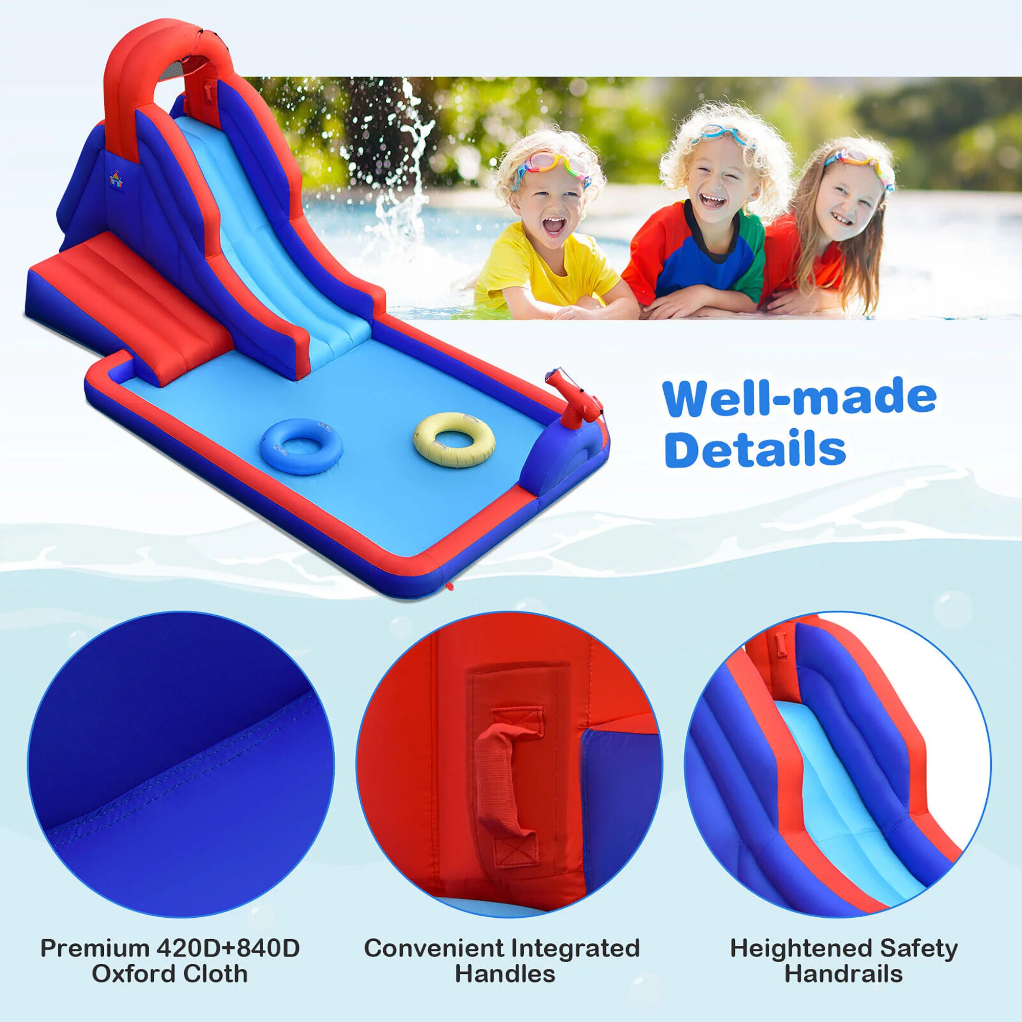 Gymax Inflatable Water Slide Park w/ Climb Slide Pool & 2 Swim Rings Blower Excluded - Womvr