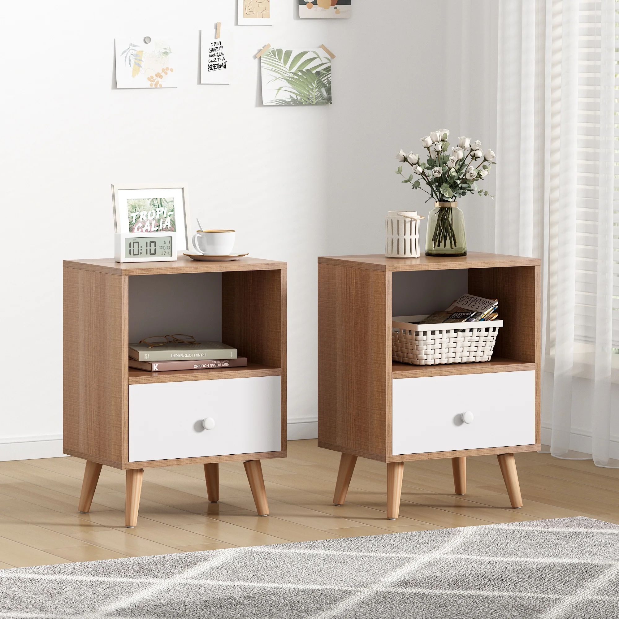 JAXPETY Nightstands Set of 2, Night Stand with 1 Drawer and Open Shelf Storage, End Table, Side Table, for Bedroom, Living Room, Natural Wood & White - Womvr