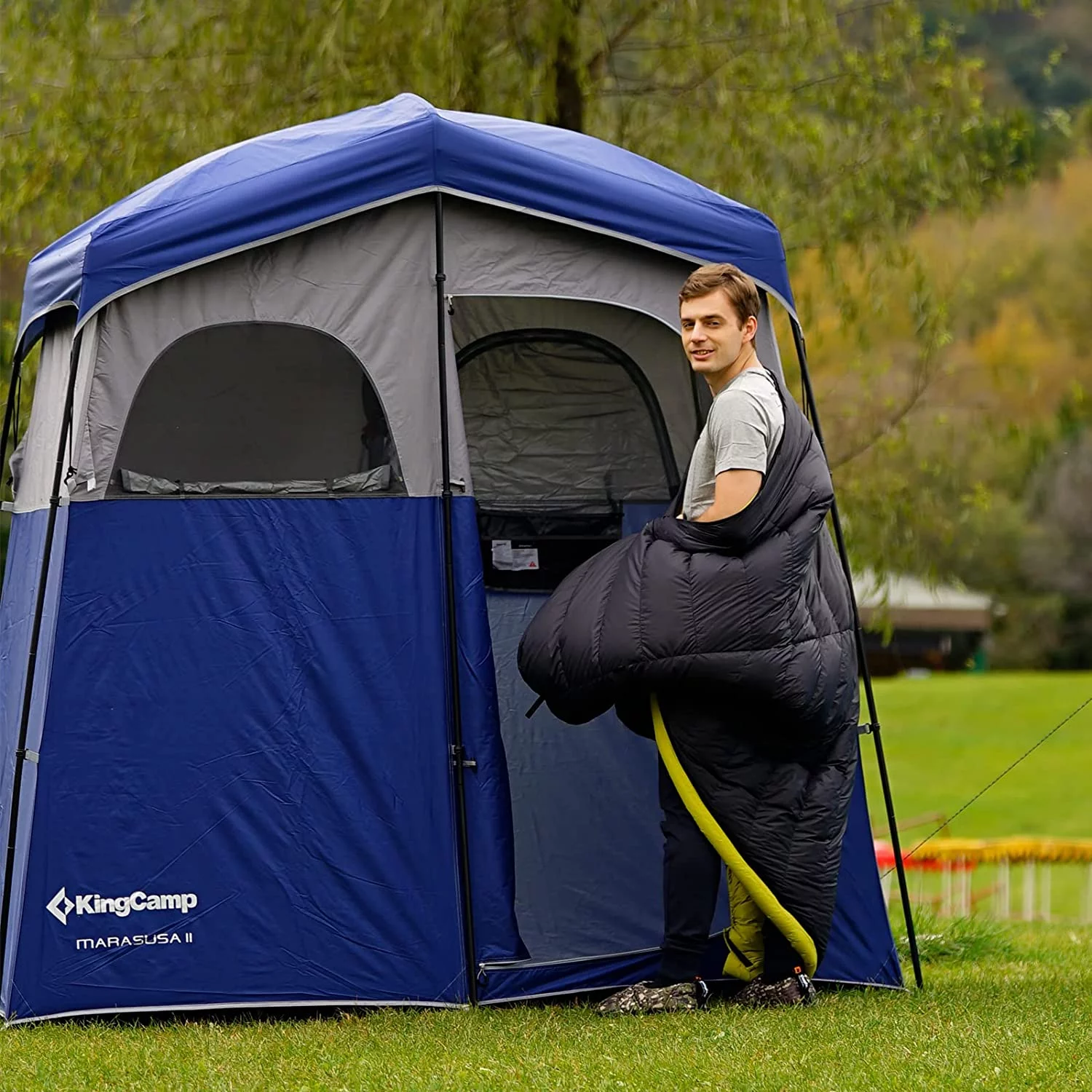 KingCamp Oversized 2 Rooms Camping Shower Tent Extra Wide Outdoor Shower Tent Privacy Tent for Portable Toilet/Bathroom/Dressing Changing Room with Carry Bag, Blue - Womvr