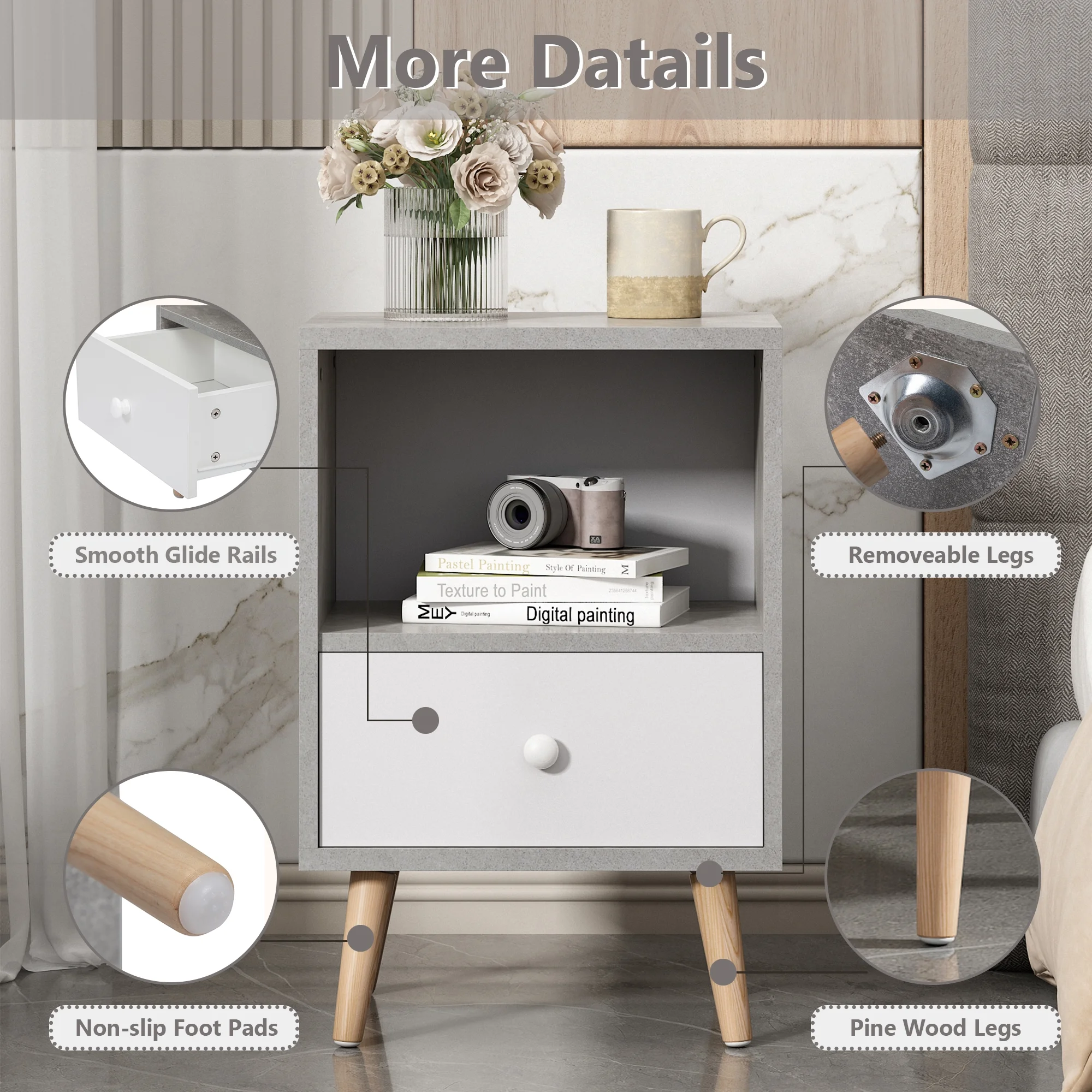 JAXPETY Nightstands Set of 2, Night Stand with 1 Drawer and Open Shelf Storage, End Table, Side Table, for Bedroom, Living Room, Natural Wood & White - Womvr