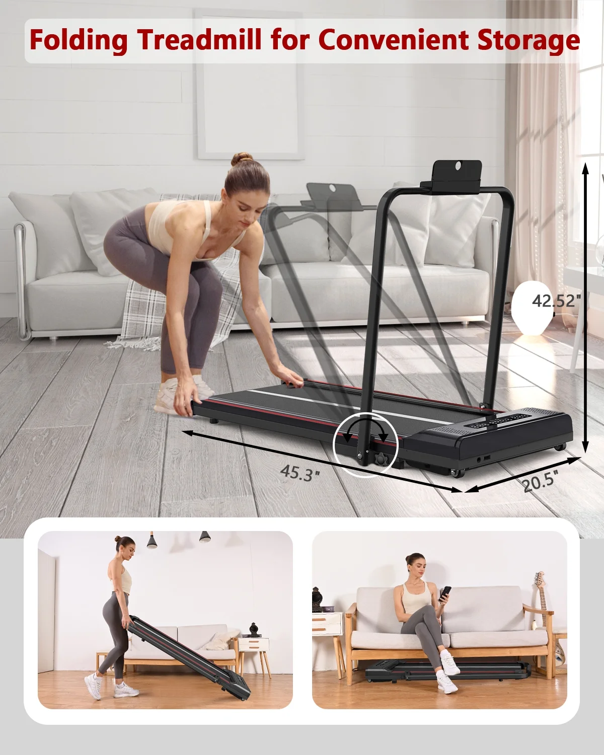 Bigzzia Treadmill Under Desk Treadmill 2 in 1 Folding Treadmill, Treadmills for Home Maximum Weight 265 lbs Gray - Womvr