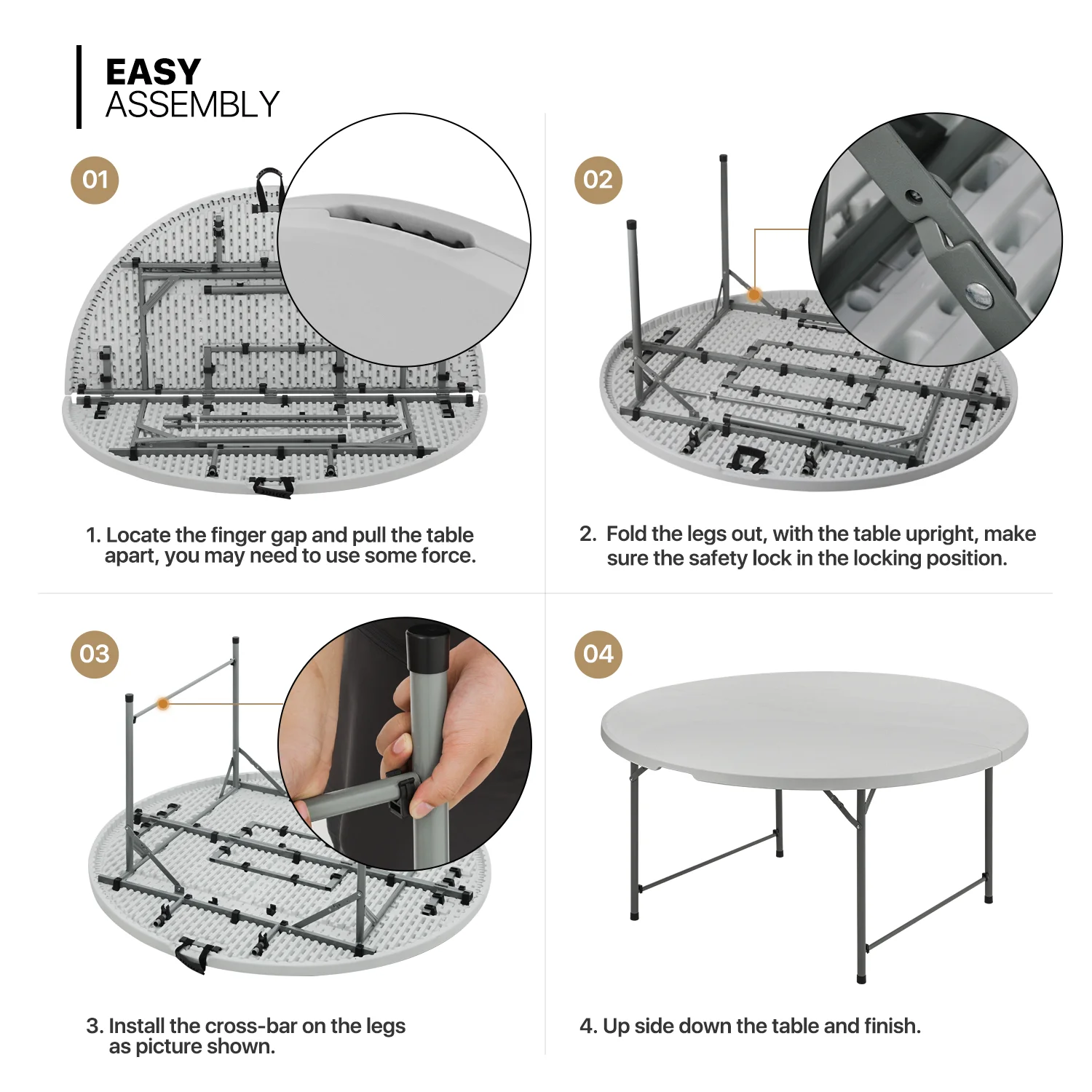 MoNiBloom 5 foot Round Bi-Fold Plastic Table, Metal Frame Indoor Outdoor 60 Inch Foldable Desk for Kitchen Party Wedding, Grey - Womvr