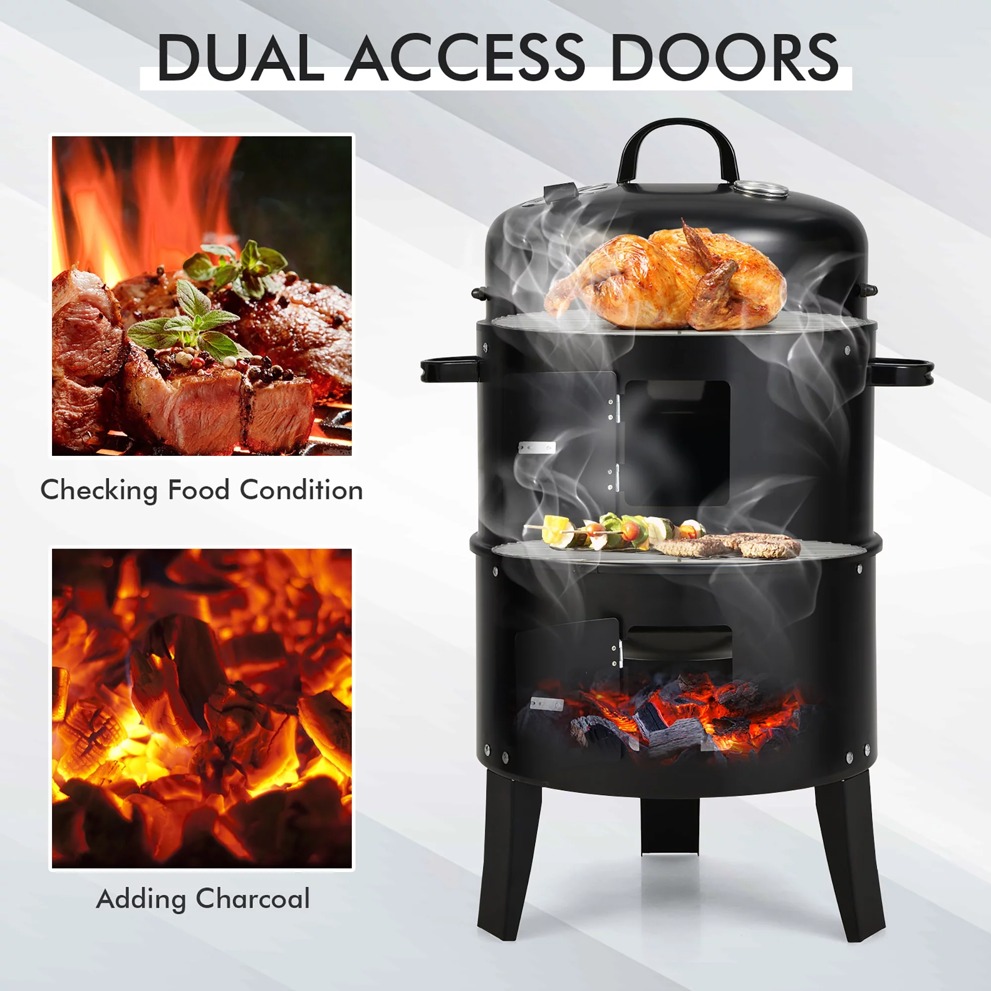 Costway3-in-1 Vertical Charcoal Smoker  Portable BBQ Smoker Grill with Detachable 2 Layer - Womvr