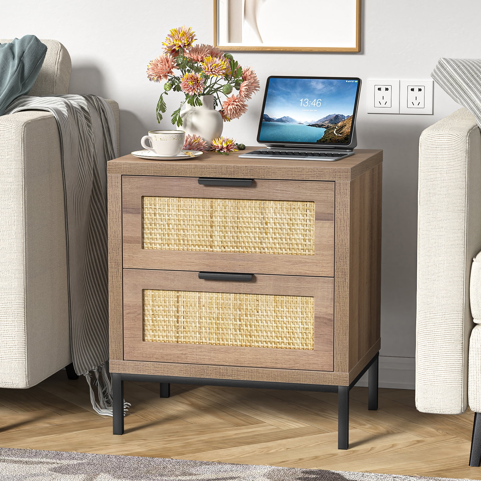 Eumyviv Modern Farmhouse Nightstands with 2 Rattan Drawer,Wood Bedside Table Storage Cabinet for Bedroom, Living Room,Natural Oak H0021 - Womvr