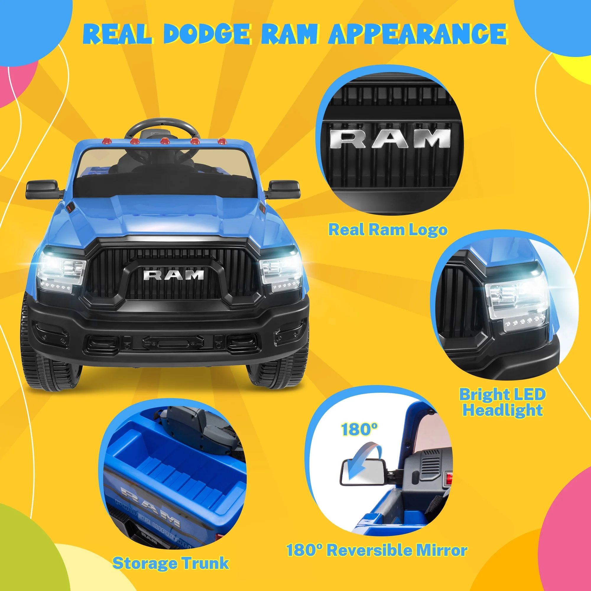 Dodge Ram Ride On Car for Kids, 12V Powered Ride On Truck Cars with Parents Remote Control,Dodge Electric Ride On Car for Boys Girls 3-5, Red - Womvr