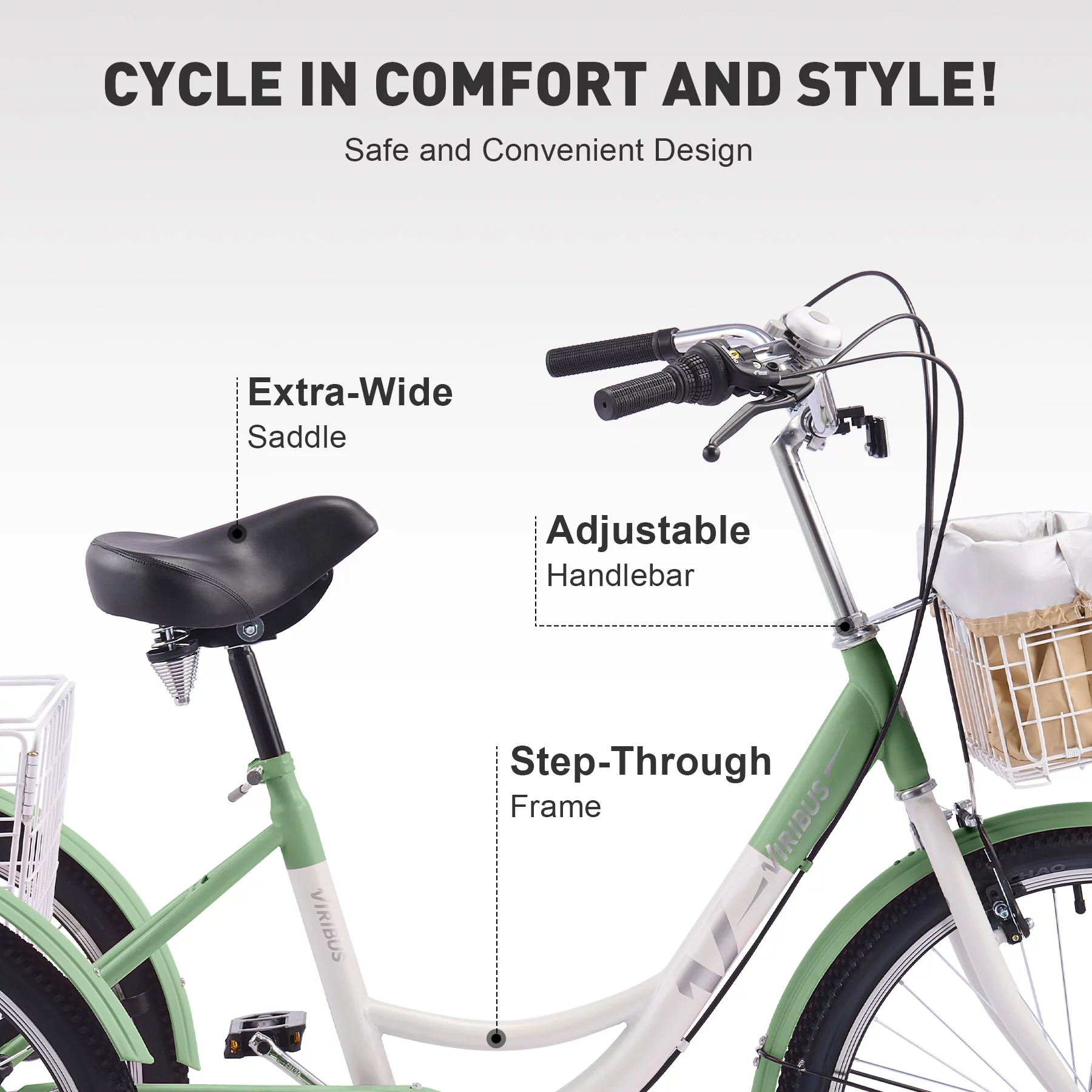 VIRIBUS 24 Inch Adult Trike 7 Speed Bike w Adjustable Seat 2 Baskets Matte Gray - Womvr