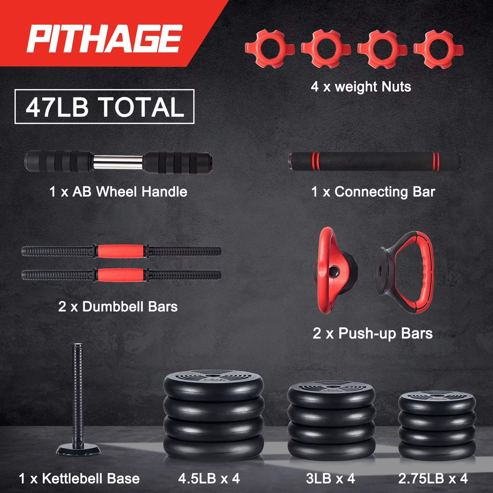 Pithage 5 in 1 Dumbbell Barbell Kettlebell Set 40LB Adjustable Free Weight Set  for Home Gym, Black - Womvr