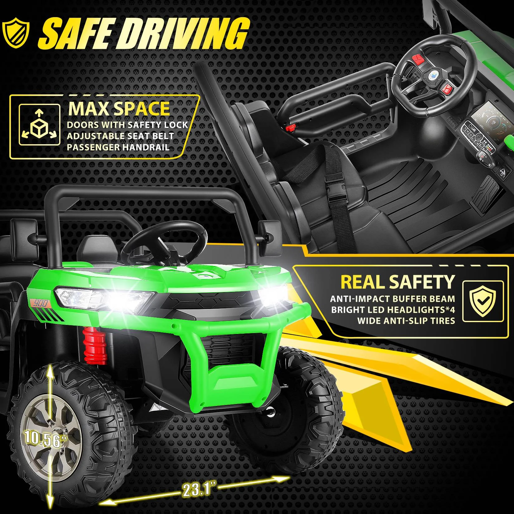 Funcid 24 V 4WD Kids Kids Ride on UTV with Remote Control, 2 Seater 6-Wheel Ride on Dump Truck Car, Ride on Toys w/ Tipping Bucket Trailer & Shovel,Bluetooth Music, Black - Womvr