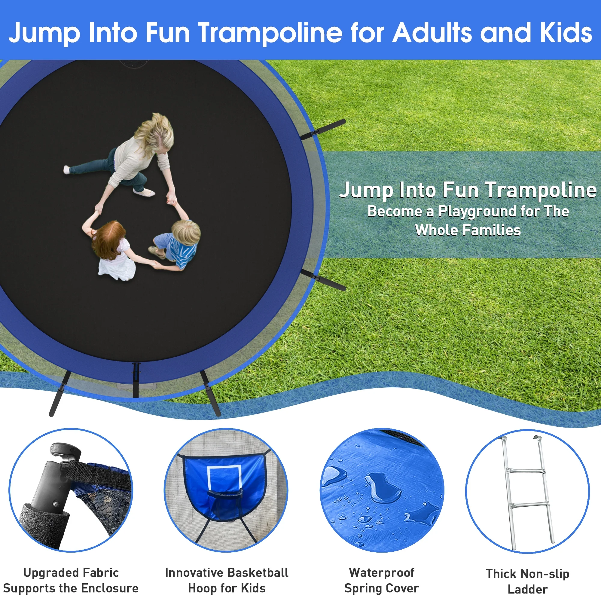 Jump Into Fun Trampoline 12FT 14FT, Trampoline with Enclosure, Basketball Hoop, 2 Balls, LED Light, Sprinkler and Socks, 1400LBS Trampoline for 1-2 Adults/ 4-5 Kids, Outdoor No Gap Design Trampoline - Womvr