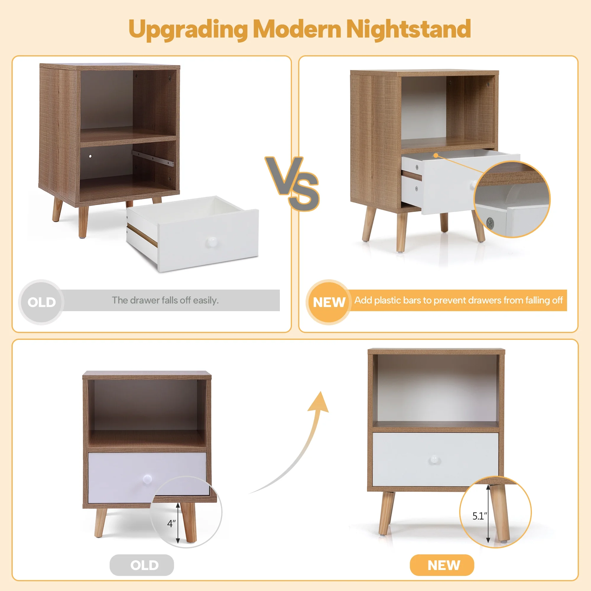 JAXPETY Nightstands Set of 2, Night Stand with 1 Drawer and Open Shelf Storage, End Table, Side Table, for Bedroom, Living Room, Natural Wood & White - Womvr