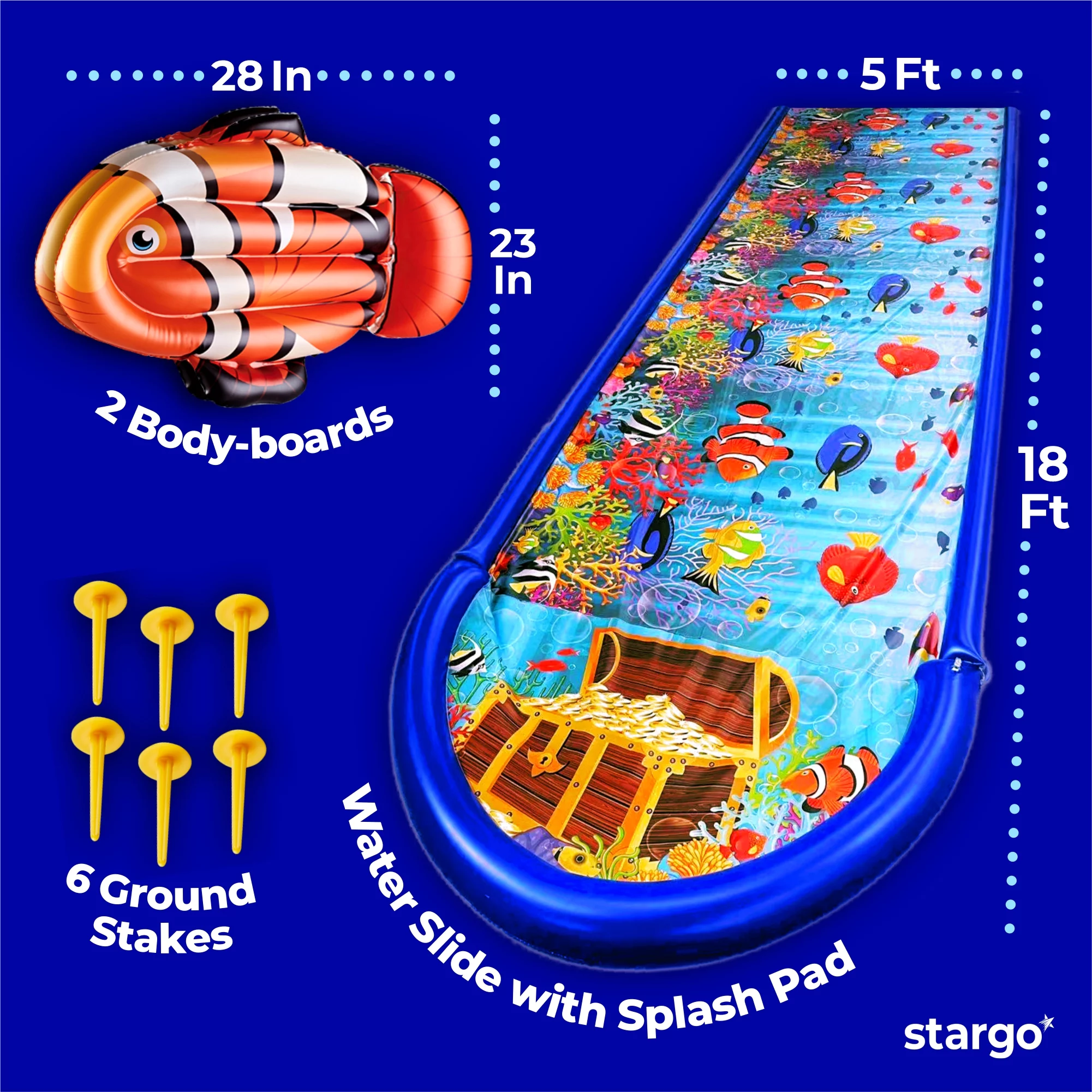 Stargo Undersea Water Dual Slip And Slide - 18 Feet X 5 Feet Slip N Slide With Splash Pad And Sprinkler, Water Slide With Inflatable Body Boards - Kids Water Fun - Womvr