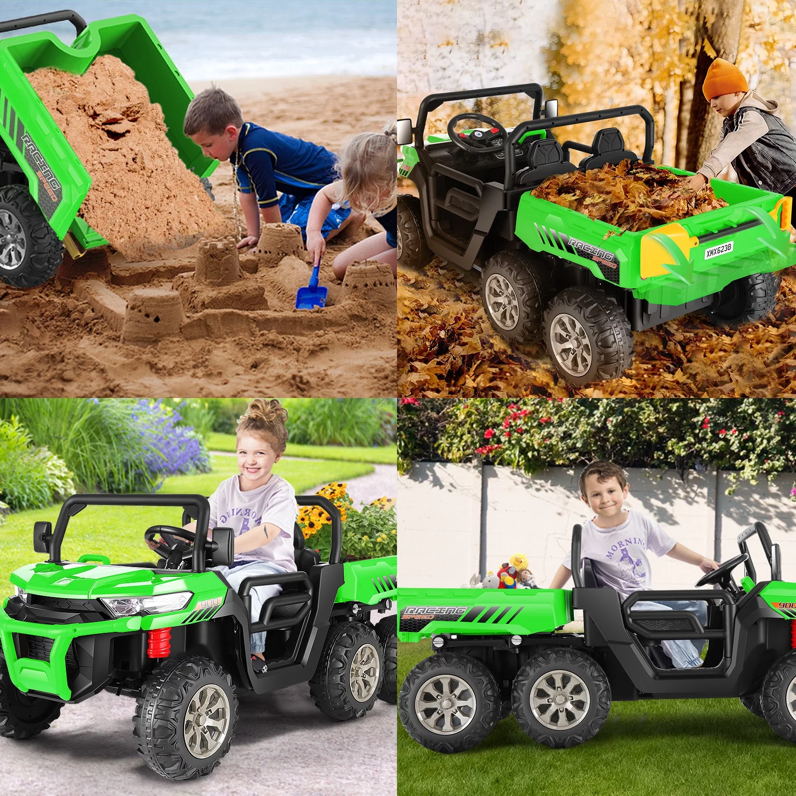 Funcid 24 V 4WD Kids Kids Ride on UTV with Remote Control, 2 Seater 6-Wheel Ride on Dump Truck Car, Ride on Toys w/ Tipping Bucket Trailer & Shovel,Bluetooth Music, Black - Womvr