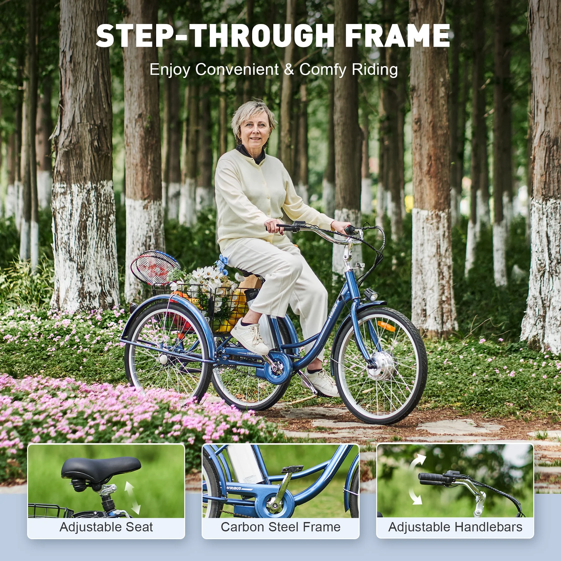 VIRIBUS 24 Inch Adult Trike 350W Dual Chain Electric Tricycle 36V 10Ah Navy - Womvr