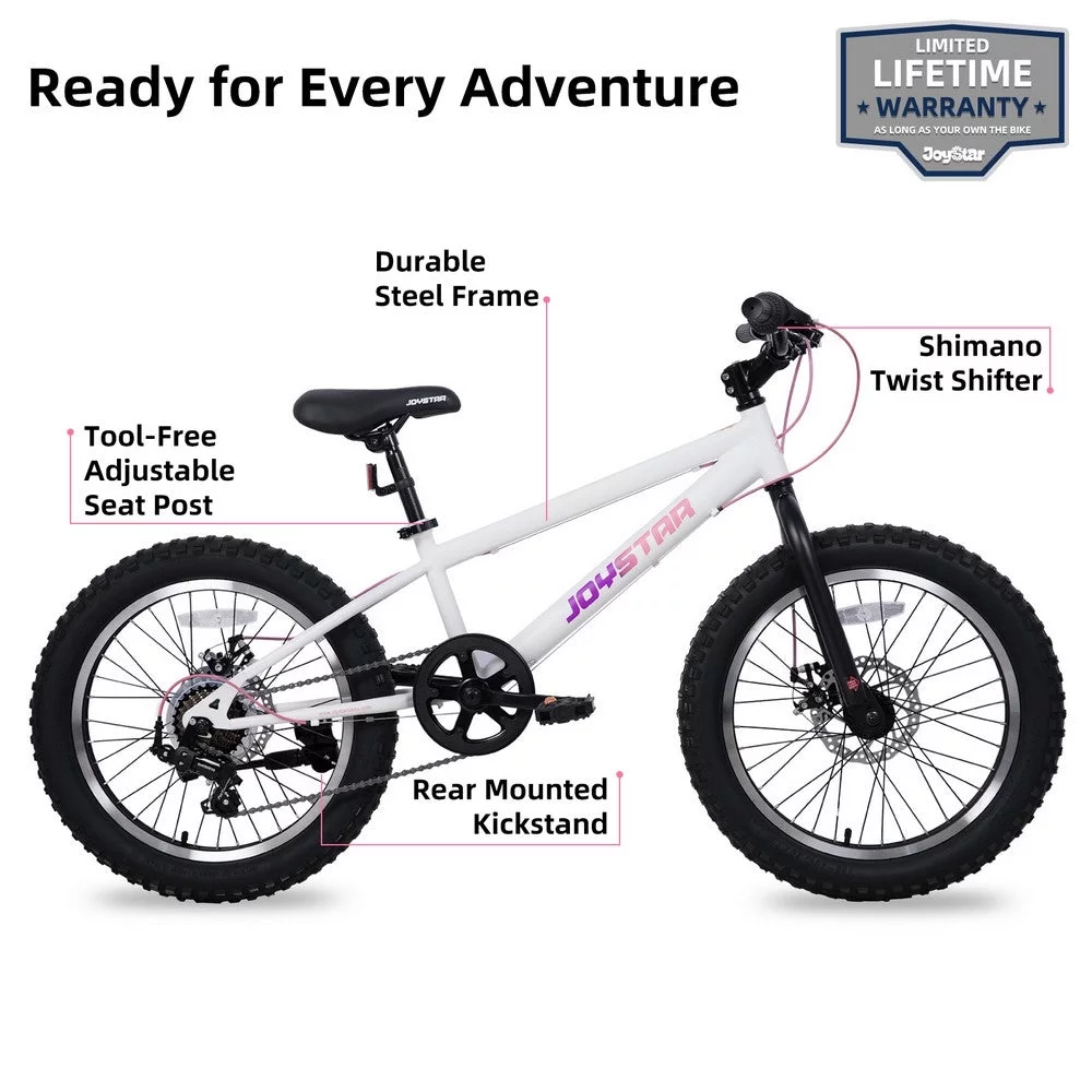 JOYSTAR 20 Inch Mountain Bike for Kids Ages 7-12 Year Old, 3-Inch Wide Knobby Tires, 7 Speed Shimano Drivetrain, Disc Brakes, Fat Tire Kids Bicycles for Boys Girls - Womvr