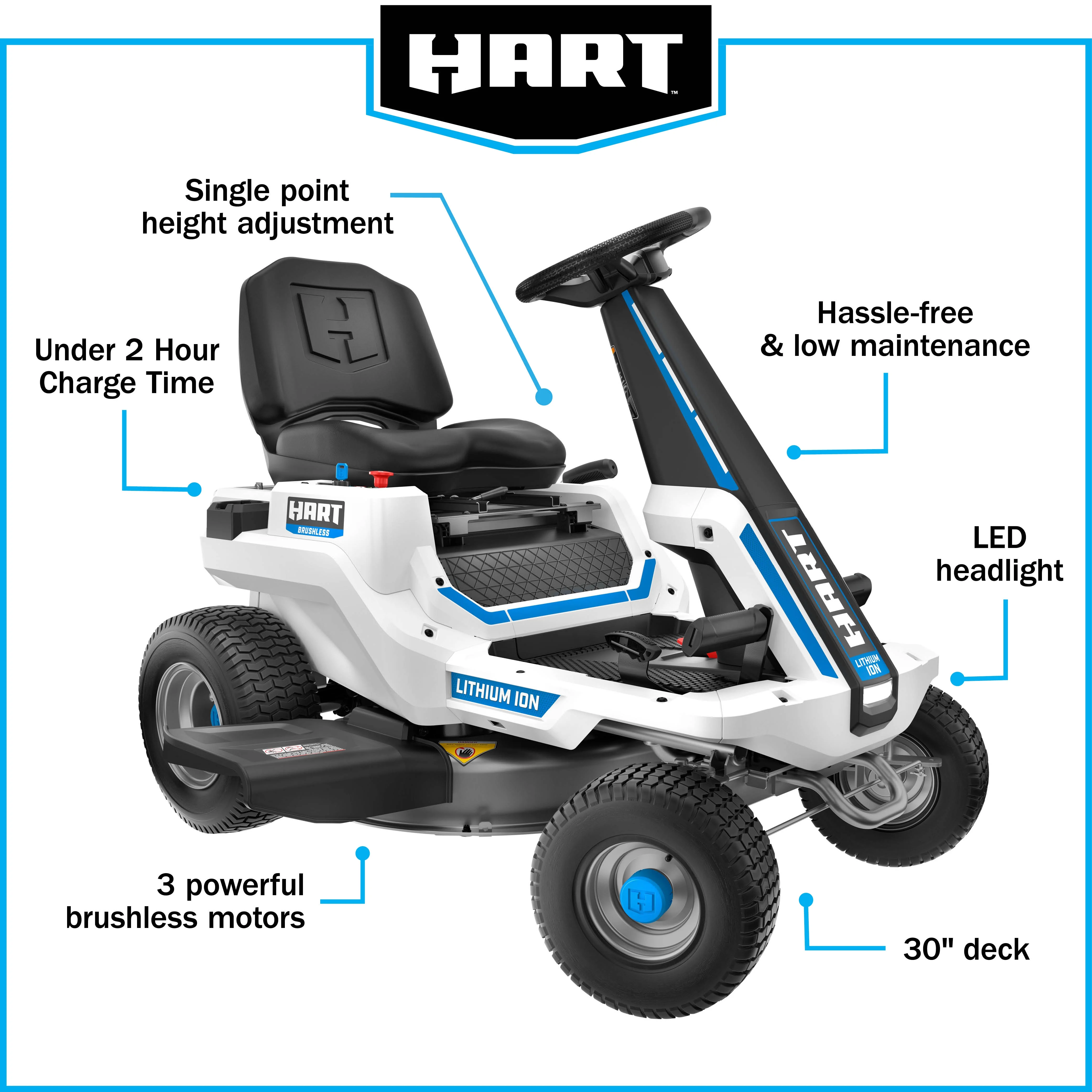 HART 80-Volt 30-inch Deck Lithium-Ion Riding Lawn Mower Kit, (1) Super Charger - Womvr