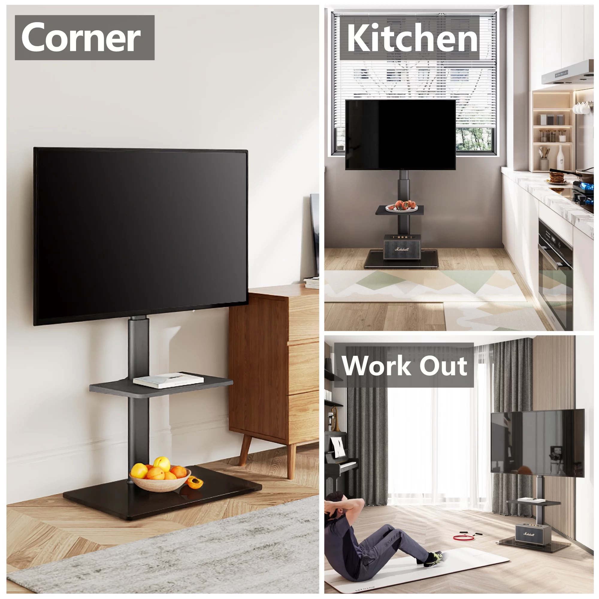 FITUEYES Tempered Glass Base Floor TV Stand 32-65 Inch, Height adjustable,Swivel TV Stand with Mount,Black - Womvr