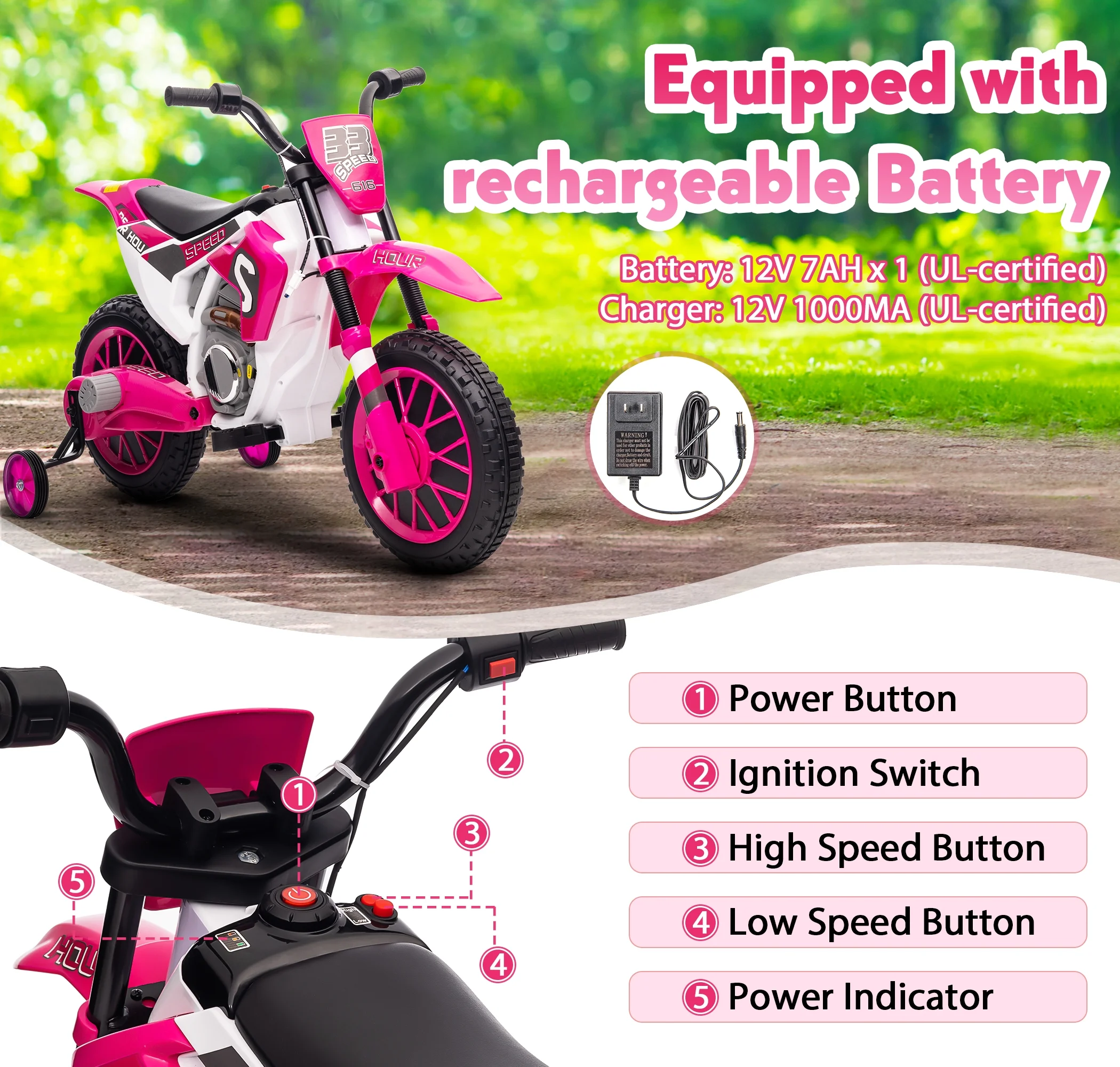 TOBBI 12V Kids Motorcycle off- Road Ride on Dirt Bike W/ Training Wheels, Age 3-8 Toddlers, Green - Womvr