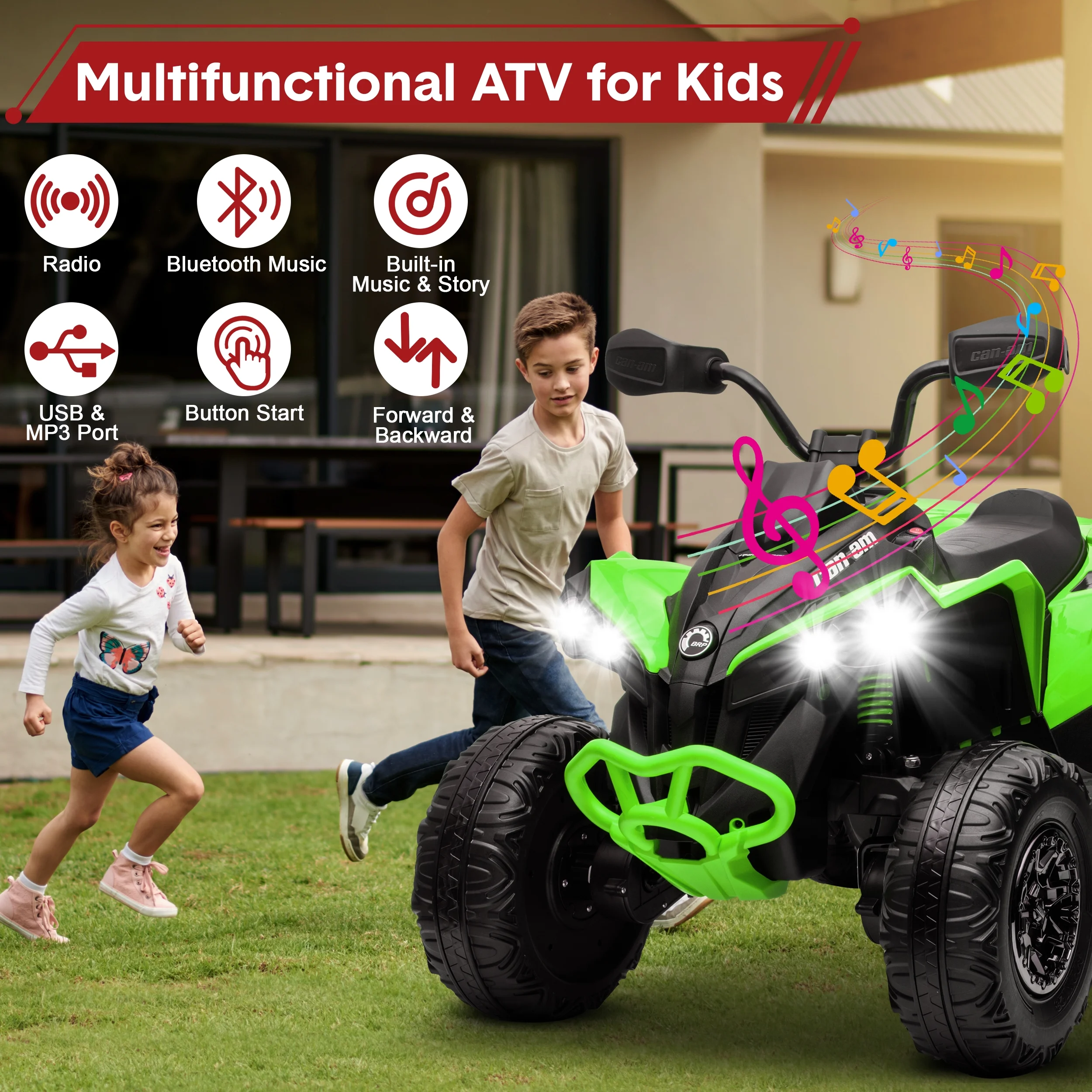 24V Ride on Toys, 4 Wheeler ATV for Kids with 2 Seater, 4x200W Motors, 4WD/2WD Switchable, Khaki - Womvr