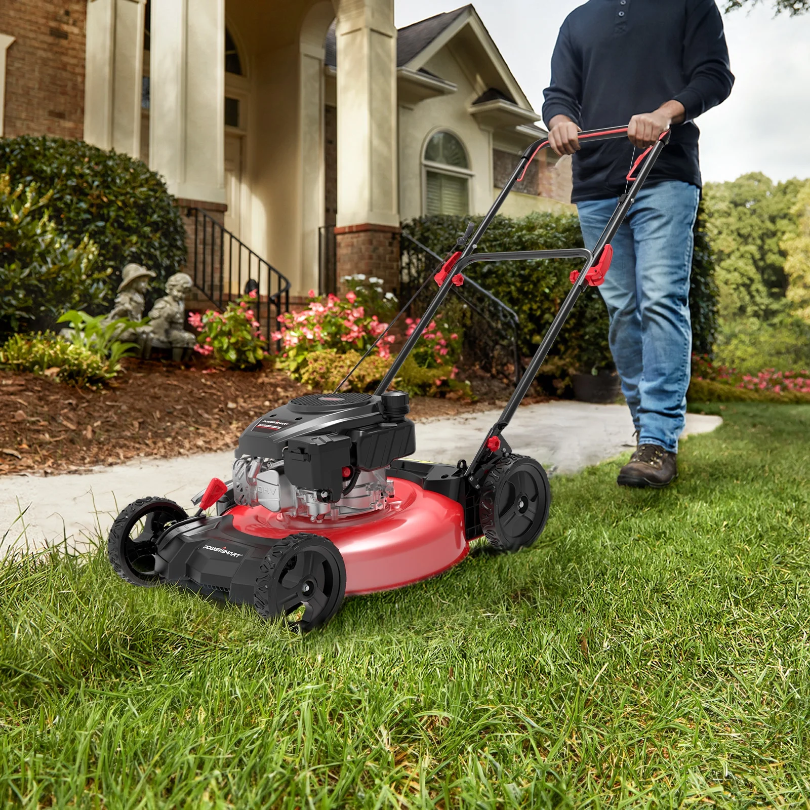 PowerSmart Gas Lawn Mower, 21 inches 144cc 2-in-1 Walk-Behind , Side Discharge Push Lawn Mower - Womvr