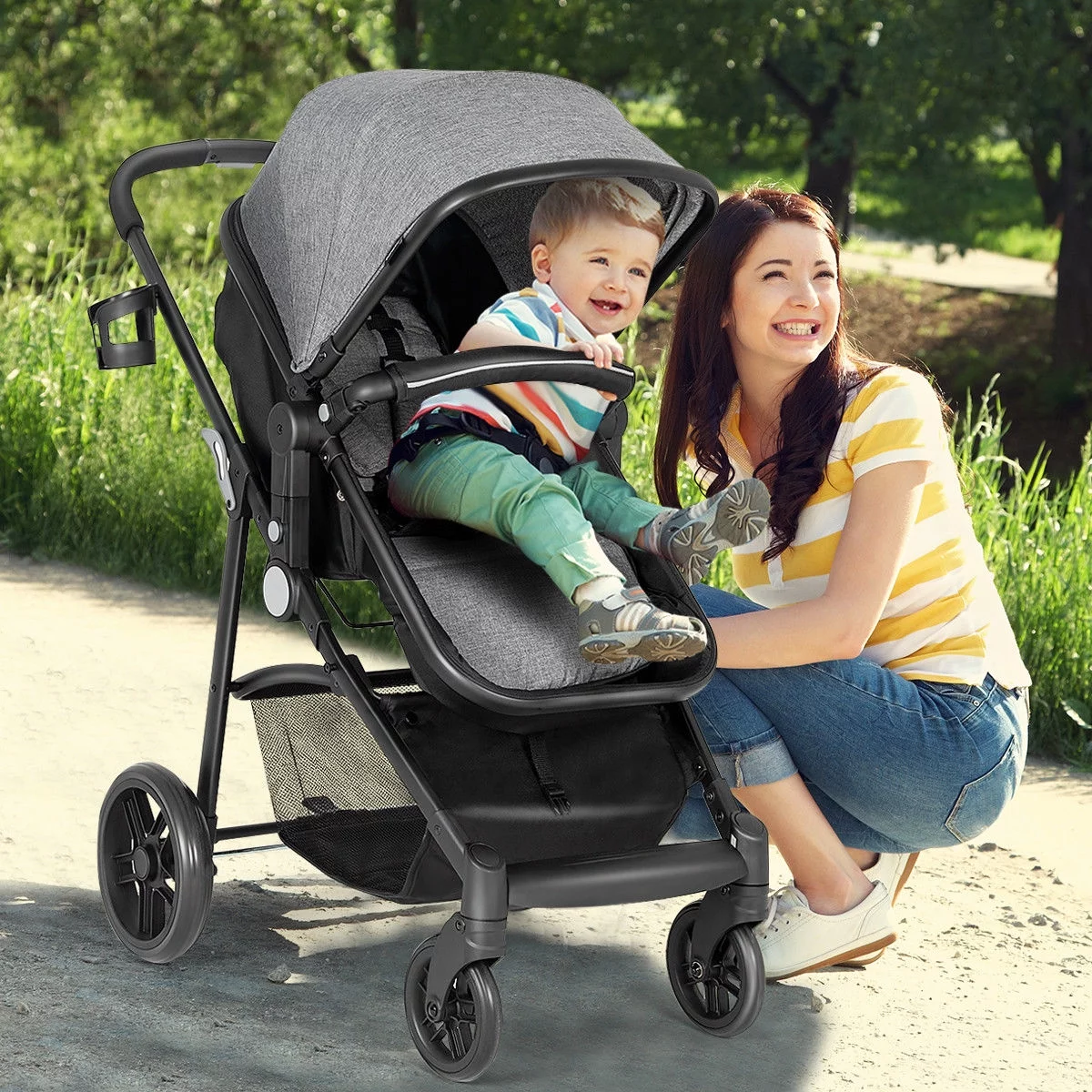 Costway Foldable Baby Stroller 2 in1 Newborn Infant Travel Buggy Pushchair Black - Womvr
