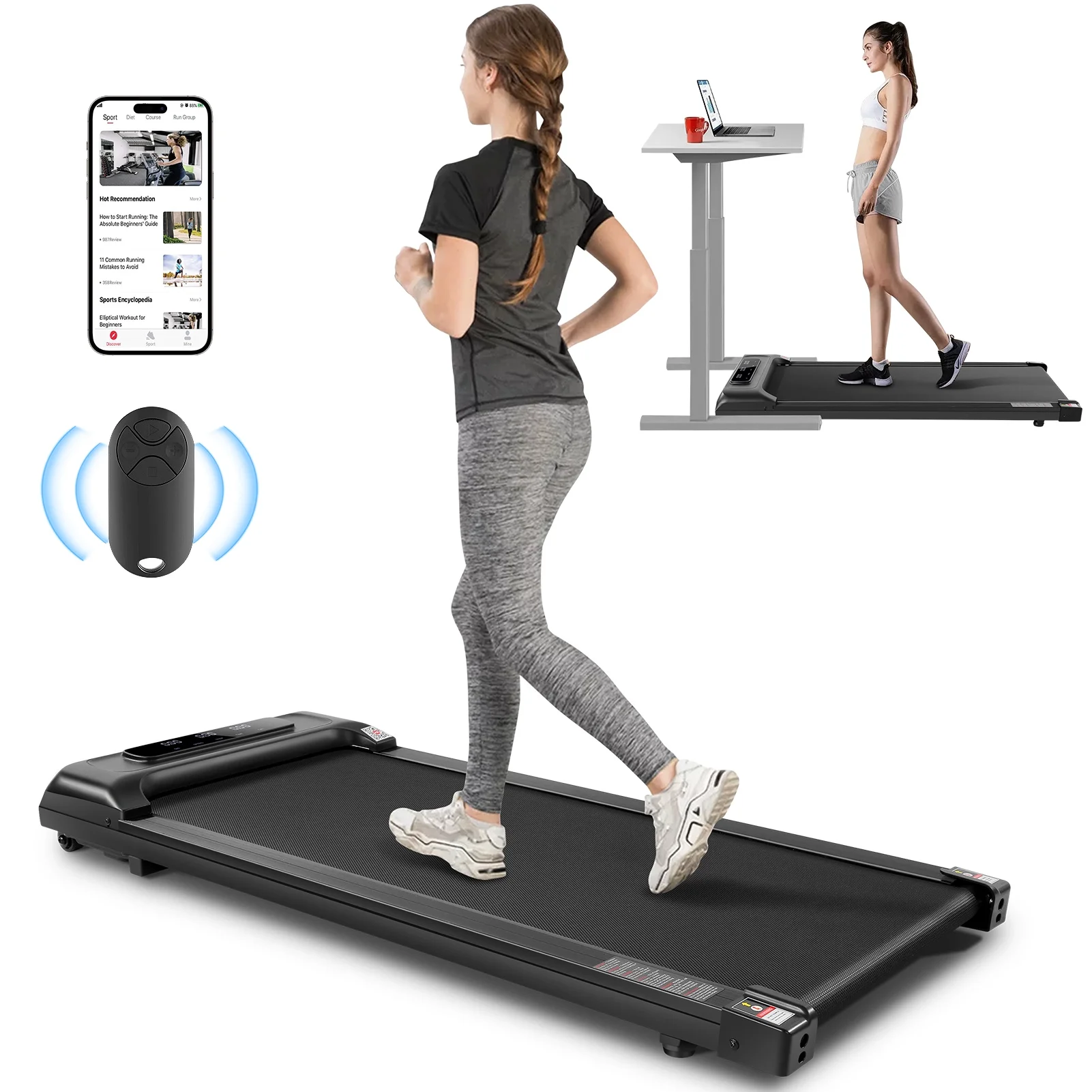 Walking Pad Under Desk Treadmills for Home,Smart App Remote Control 2.5HP Electric Jogging Running Machine with LED Display 300lbs Capacity - Womvr