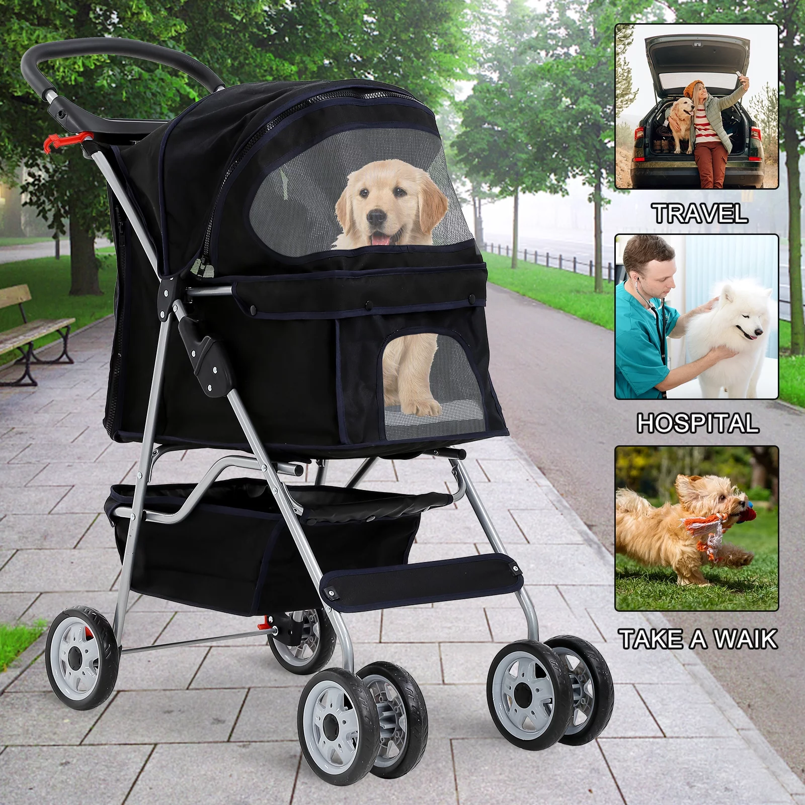 4 Wheels Pet Stroller Foldable Dog Stroller Cat Stroller with Storage Basket & Removable Liner, Travel Lite Foldable Carrier Strolling Cart for Dogs Cats, Black - Womvr