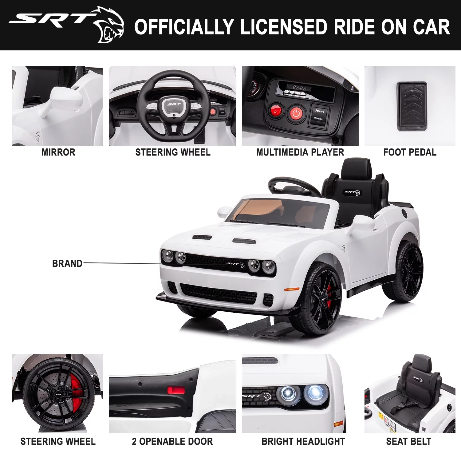 Dodge Challenger 12 V Powered Ride On Car with Remote Control, SRT Hellcat Toys for Kids, Black - Womvr