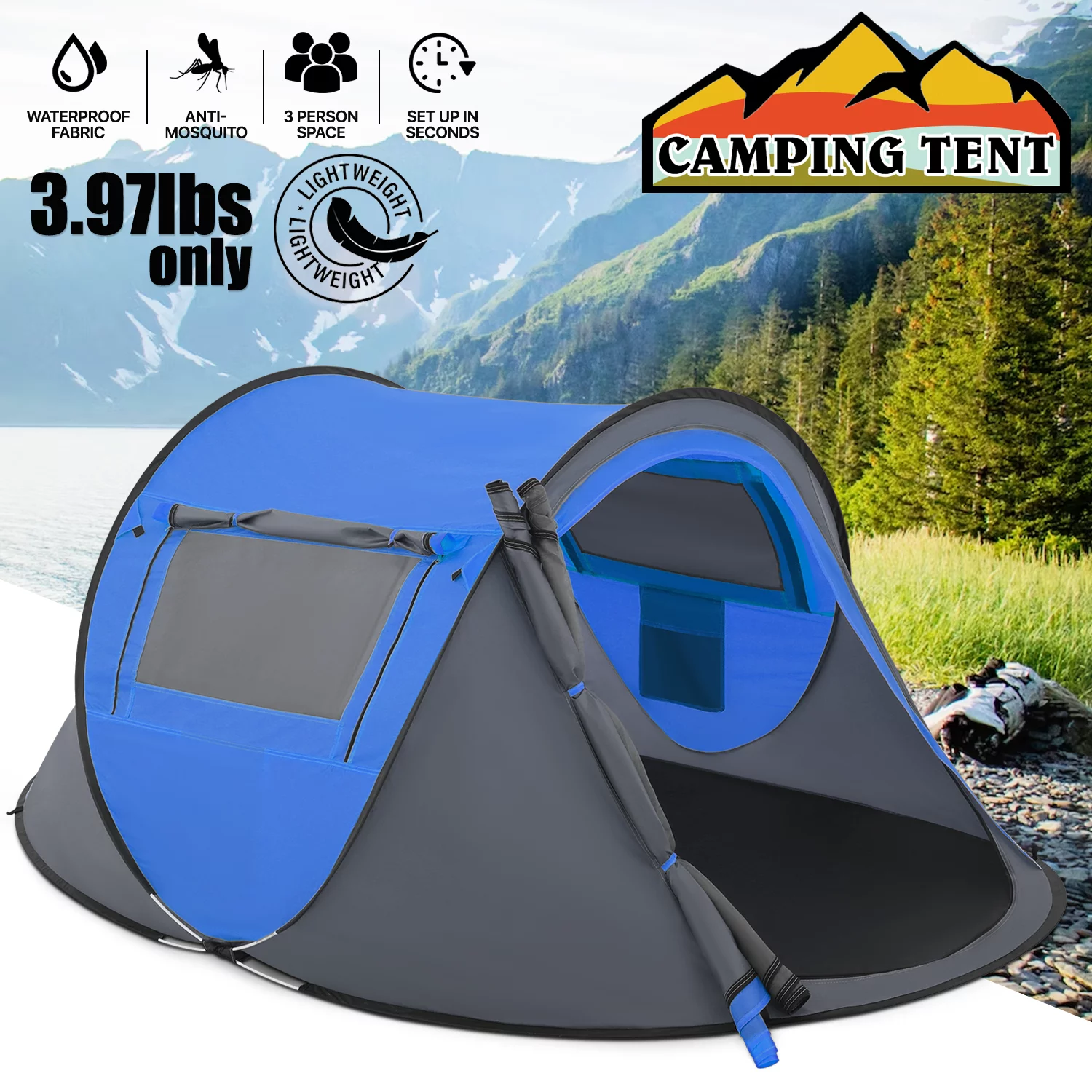 MoNiBloom Tent 3 Person Outdoor Pop Up, Family Travel Weatherproof Tent, 2 Doors and Side Windows with Carry Bag, Yellow - Womvr