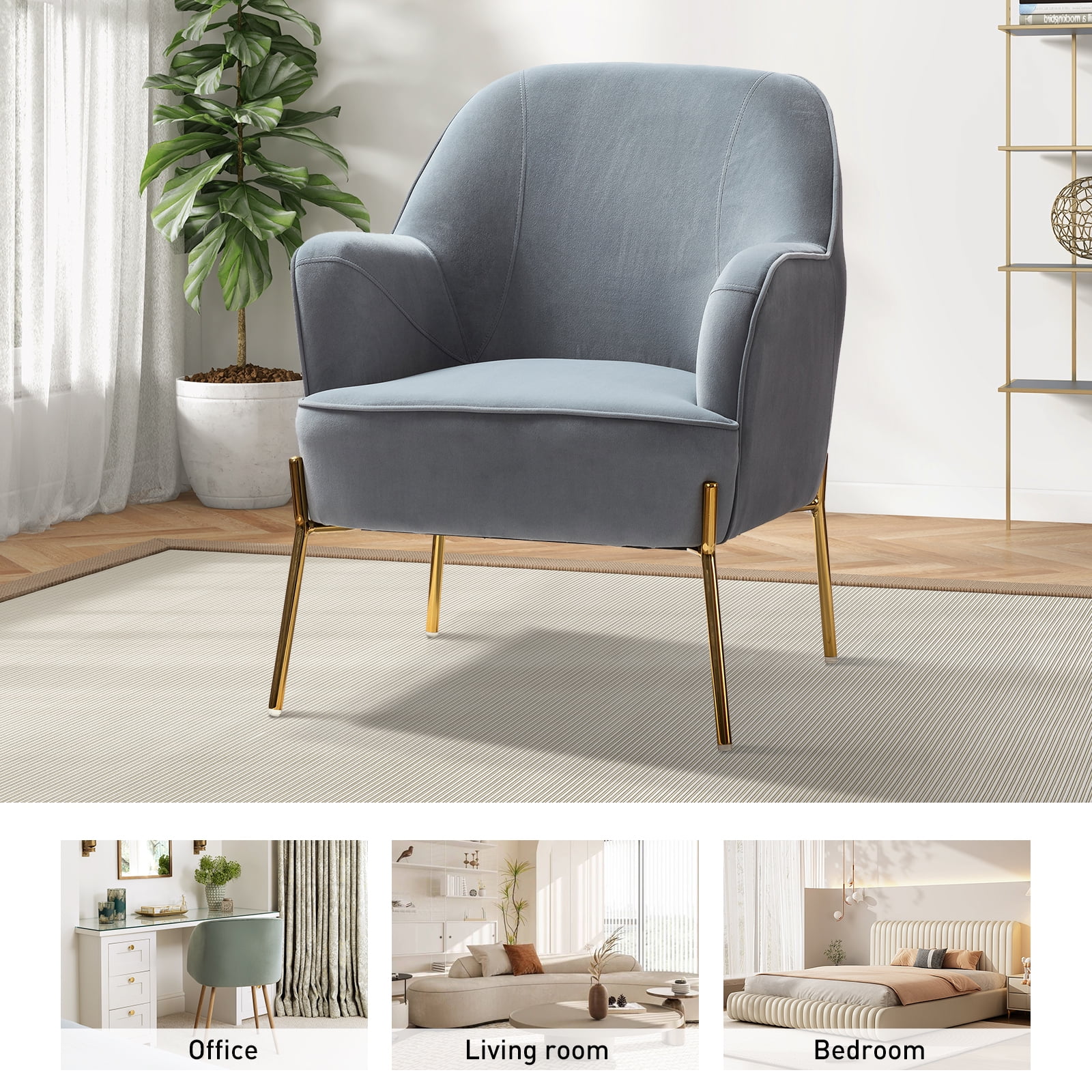 Velvet Upholstered Accent Chair Metal Legs Curved Backrest Lounge Home Armchair Bedroom Adult Pink - Womvr